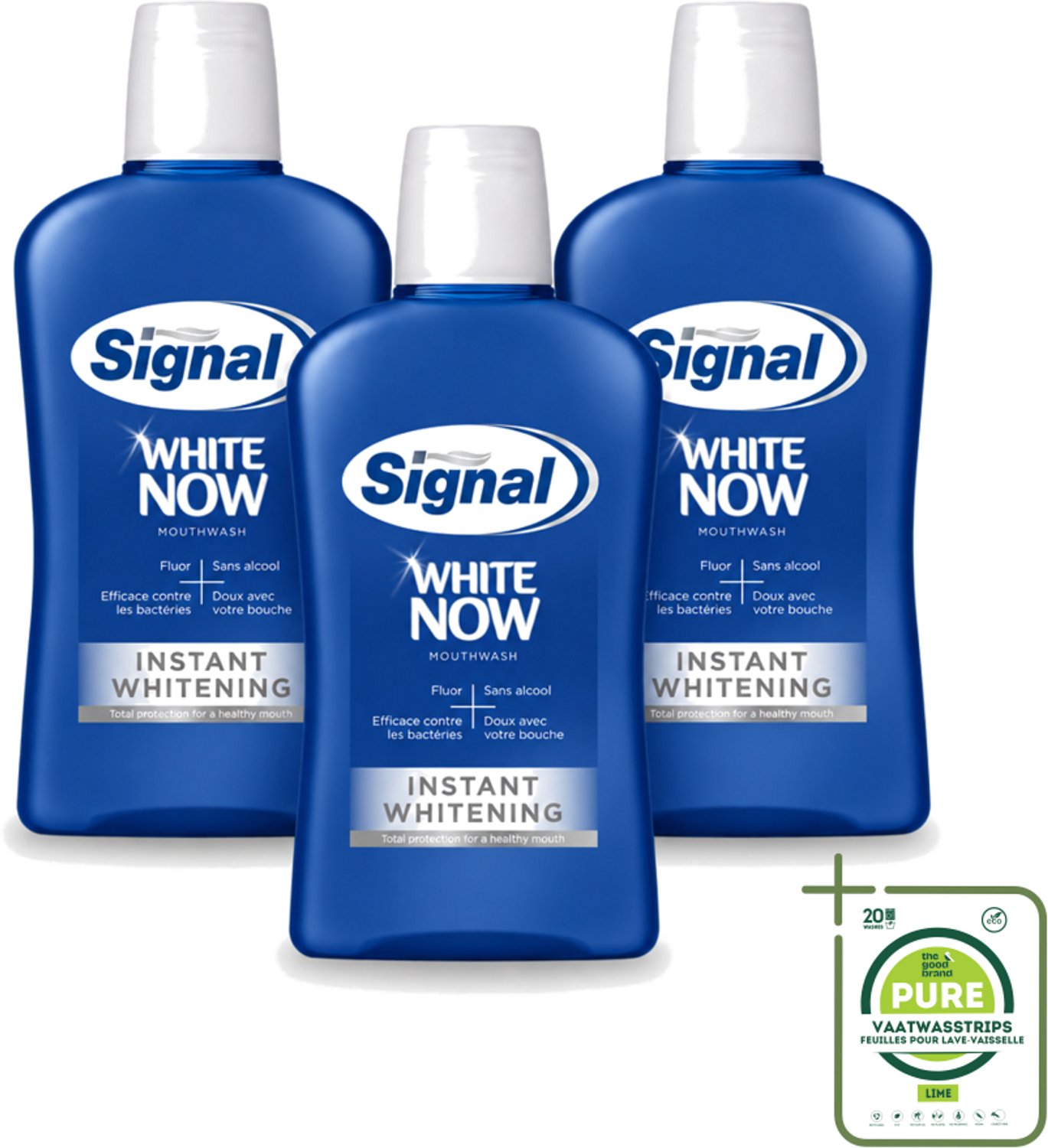 3 x Signal - White Now - Mondwater - 0 % Alcohol - 500 ml - Grootverpakking - Vaatwasstrips - Mondwater - Mondverzorging - Fluoride - Tandplak - Bacteriën
