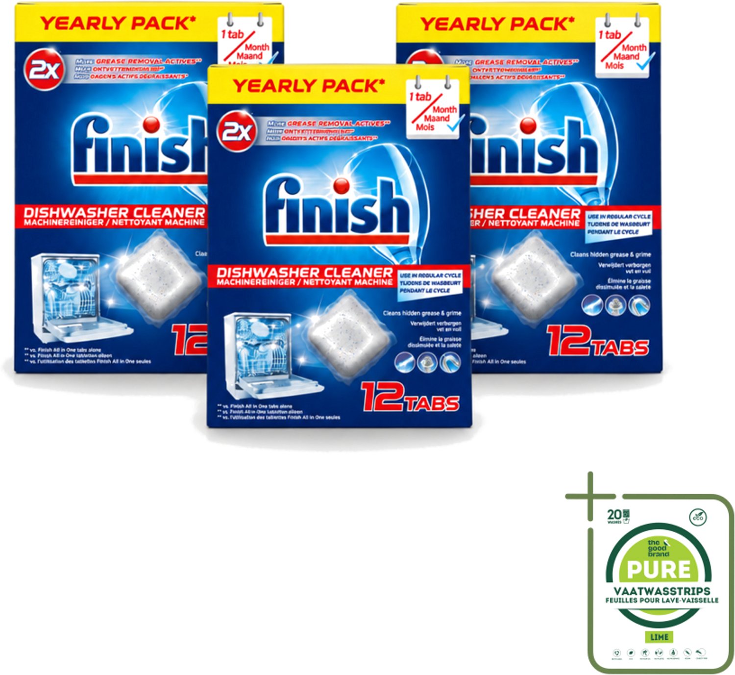 3 x Finish - Vaatwasmachinereiniger - Anti-Vet & Anti-Vuil - 12 Tabletten - Grootverpakking - Vaatwasstrips - Vaatwasmachinereiniger - Vet En Vuil Verwijderen - Vaatwasmachine Reinigen - Vaatwasmachine Onderhoud - Vaatwasmachine Schoon Houden