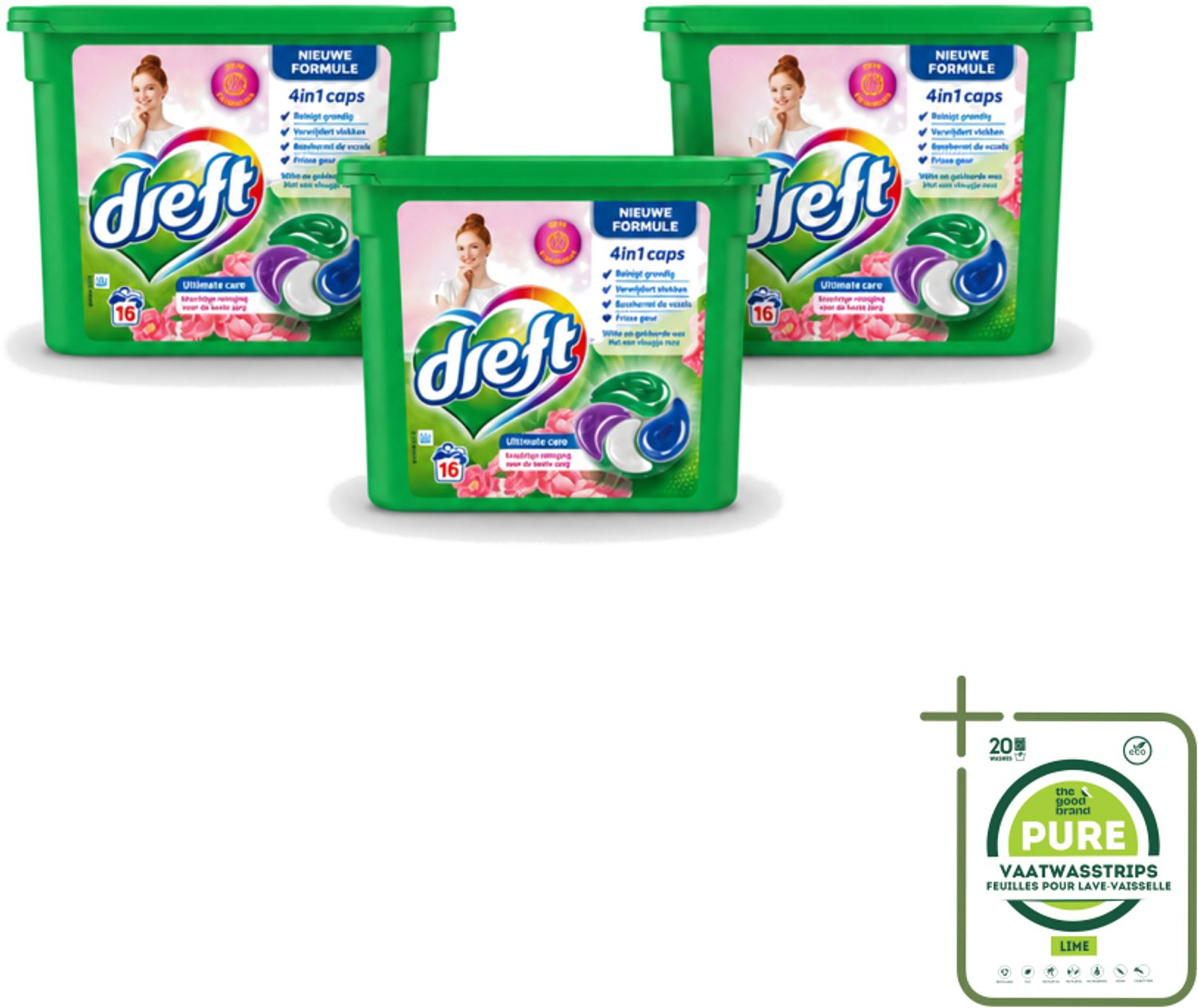 3 x Dreft - Nieuwe Formule - Wasmiddelcapsules 4in1 - Witte en Gekleurde Was - Vleugje Roze - 16 Wasbeurten - Grootverpakking - Vaatwasstrips - Wasmiddelcapsules - Wasbeurten - Kleurbescherming - Frisheid - Wasgoed