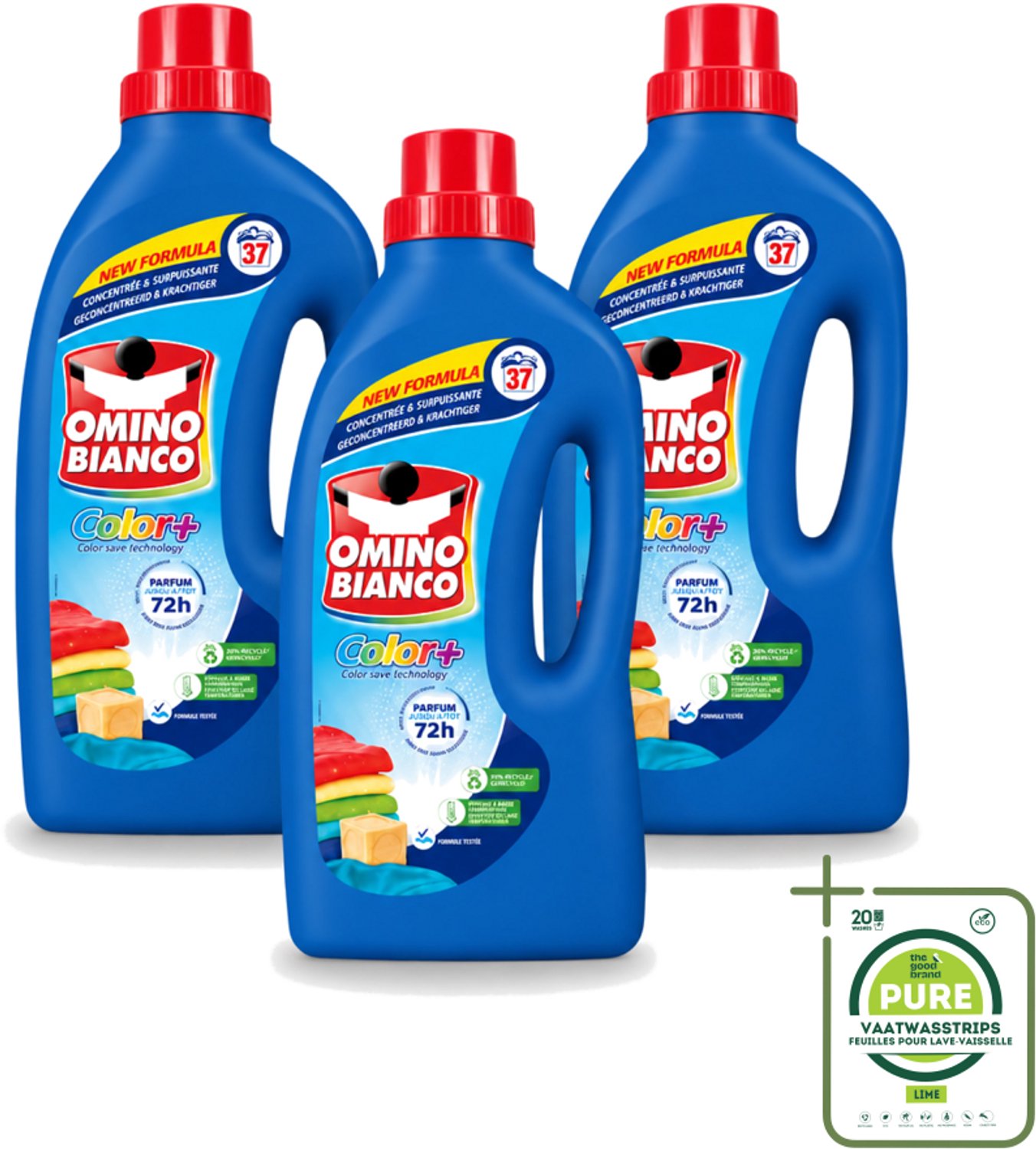 3 x Omino Bianco - Color+ - Wasmiddel - Tot 72h Parfum - Gekleurde Was - 37 Wasbeurten - Grootverpakking - Vaatwasstrips - Kleurbehoud - Wasmiddel - Frisse Geur - Kleuren Beschermen - Wasmiddel Voor Gekleurd Textiel