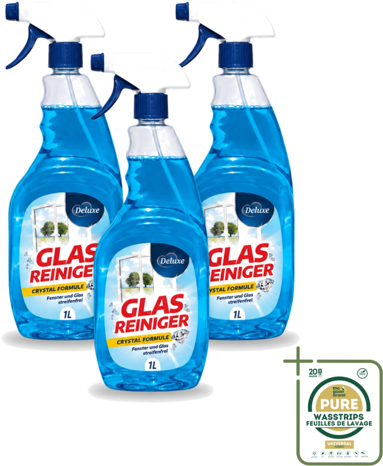 3 x Deluxe - Glasreiniger - Crystal Formule - Streeploze Glans - 1L - Wasstrips - Streeploze Glans - Glas Reiniger - Glas Reinigen - Glas Helderheid - Glas Reiniger Crystal Formule