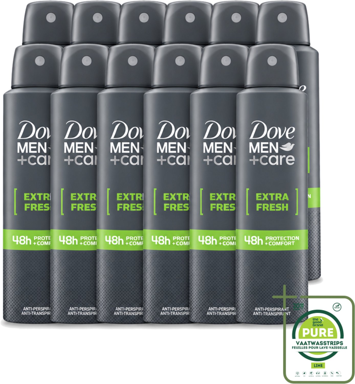12 x Dove Men+Care - Extra Fresh - Deospray - Anti-Transpirant - 150 ml - Grootverpakking - Vaatwasstrips - Dove Men+Care Extra Fresh Deospray - Deospray Voor Mannen - Alcoholvrije Deospray - Okselbescherming - Transpiratiebescherming