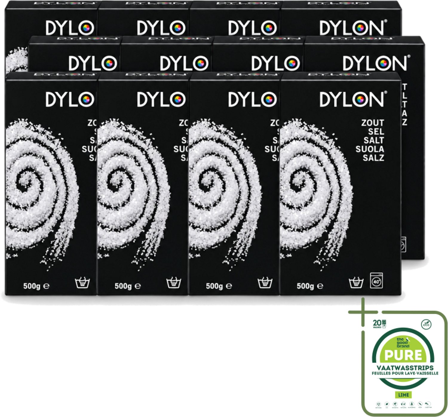 12 x Dylon - Zout - Voor Handwas Textielverf - Optimale Kleurresultaten - 500g - Grootverpakking - Vaatwasstrips - Textielverf - Handwas - Zout - Kleurverf - Kleurresultaat