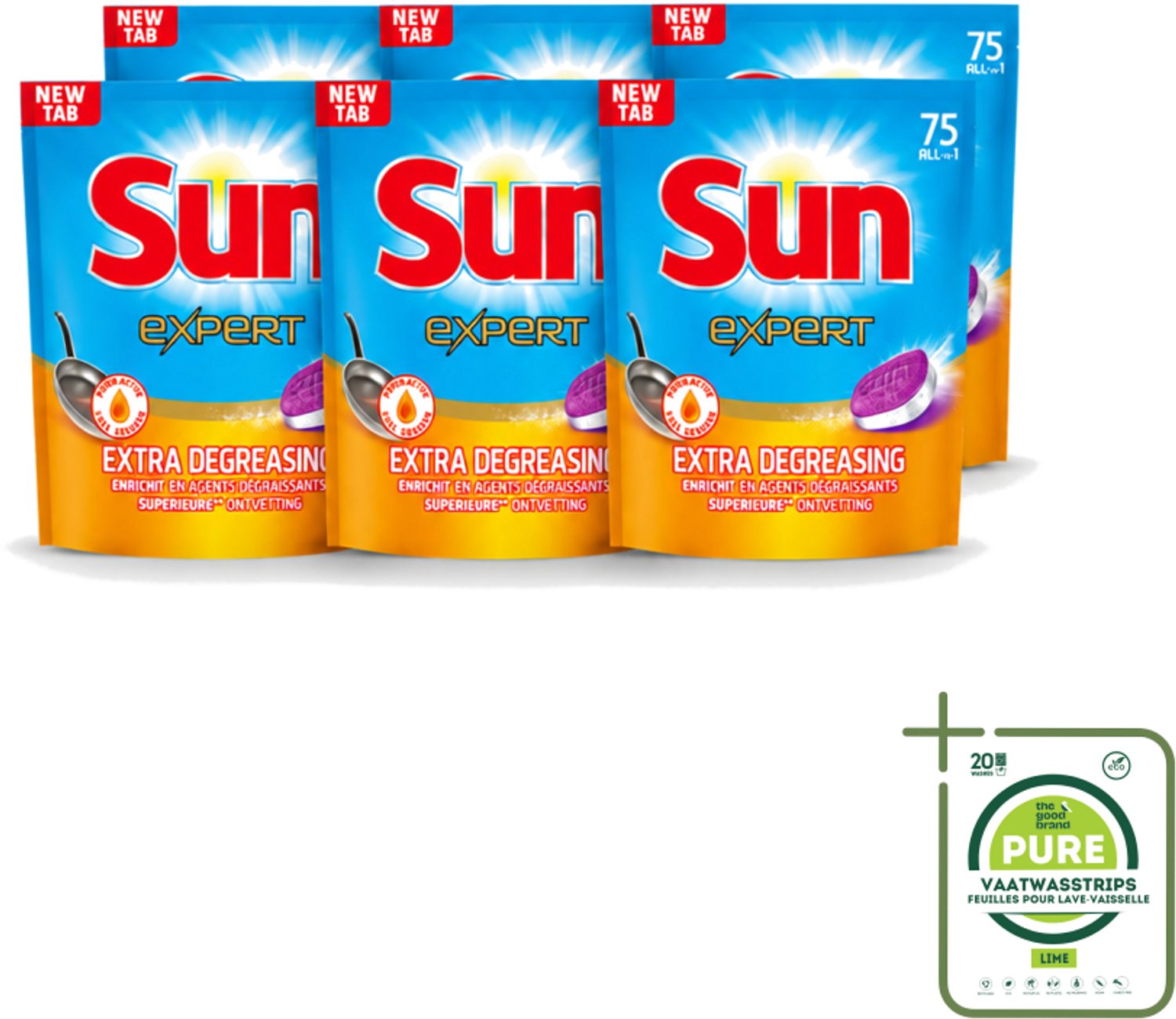 6 x Sun Expert - All-in-1 - Vaatwastabletten - Extra Ontvettend - 75 Tabletten - Grootverpakking - Vaatwasstrips - Vaatwastabletten - Vaatwasmiddel - Ontvetting - Vaatwasser - Vaat Reinigen