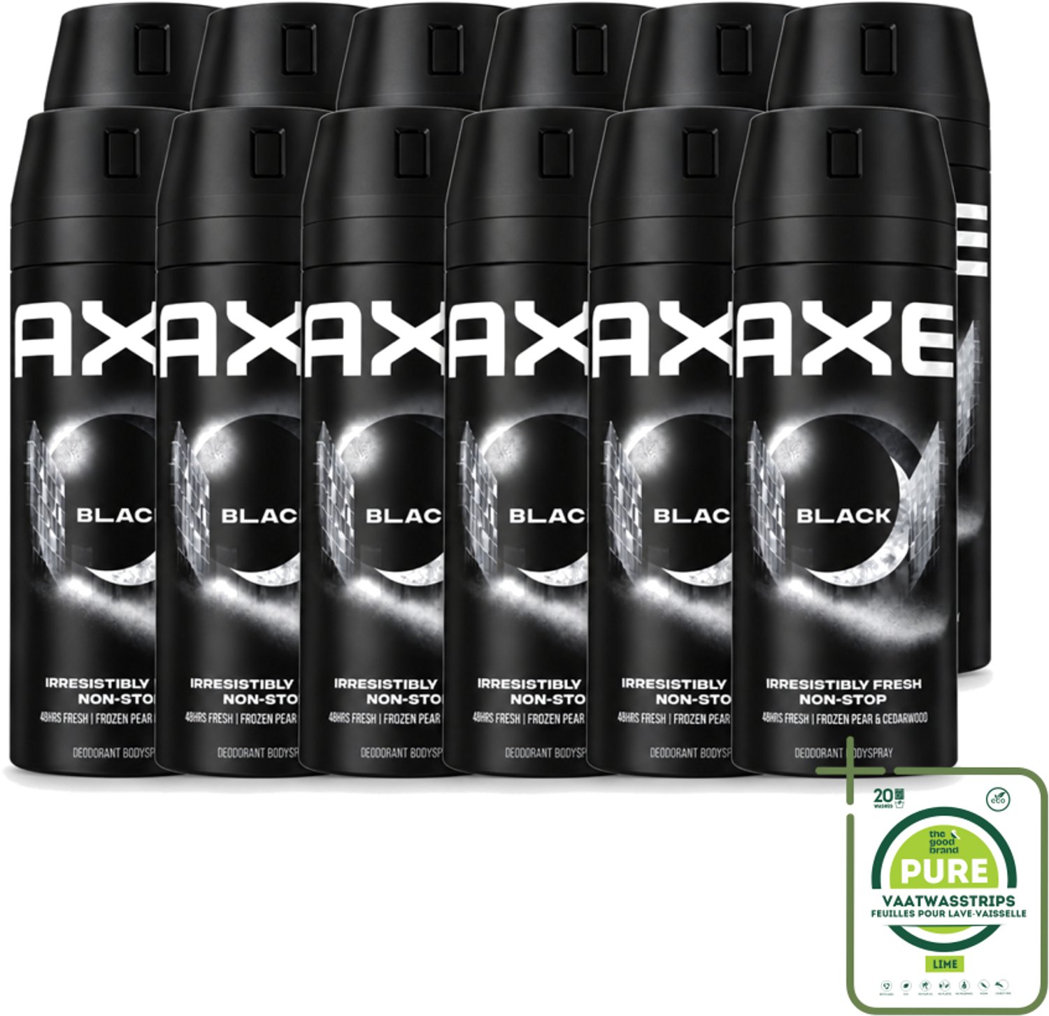 12 x Axe - Deodorant Bodyspray - 48hrs Fresh - Black - Frozen Pear & Cedarwoord - 150 ml - Grootverpakking - Vaatwasstrips - 48 Uur Bescherming - Deodorant Spray - Bevroren Peer - Cedarwood - Aluminiumvrije Deodorant
