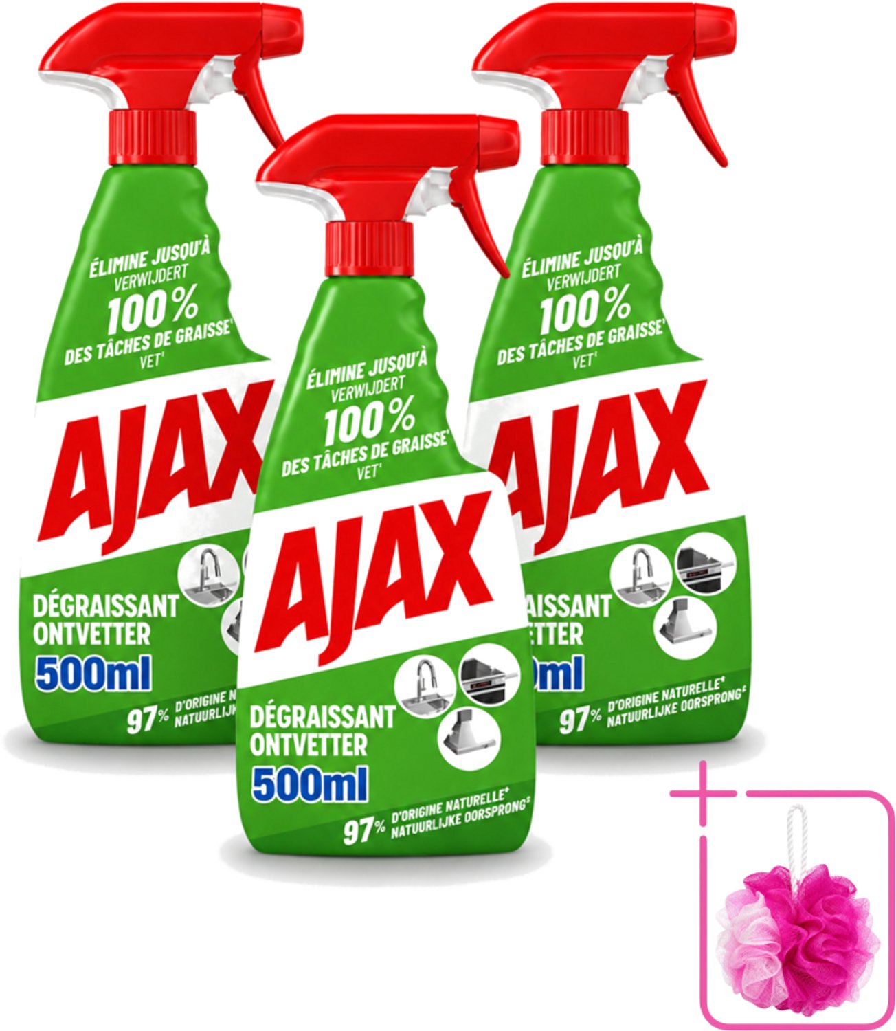 3 x Ajax – Ontvetter Spray – 500 ml - Bulkverpakking - Ajax ontvetter - Douchemop - Ontvetter spray 500 ml