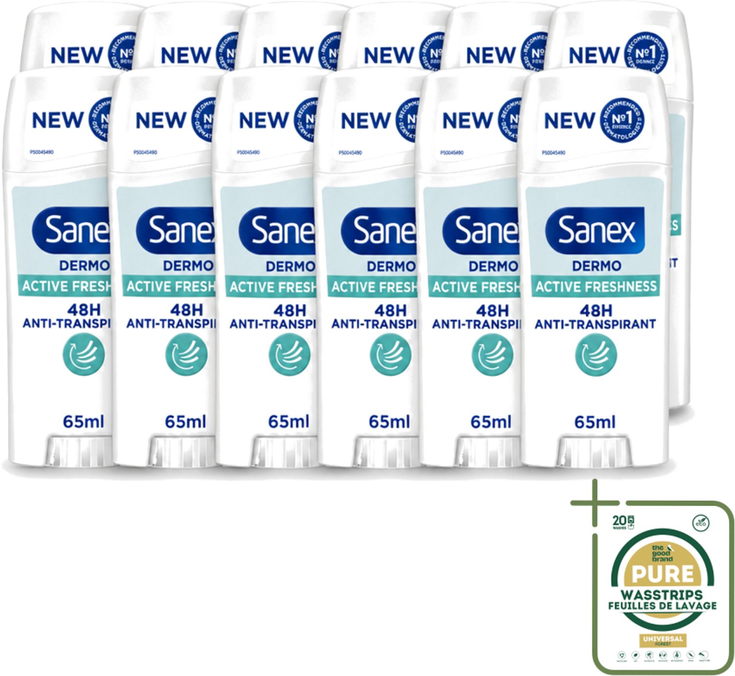 12 x Sanex – Deodorant Stick – Dermo Active Freshness – 65 ml - Wasstrips - Deodorantstick - Frisheid - Huidbescherming - Zachte Textuur - Langdurige Frisheid