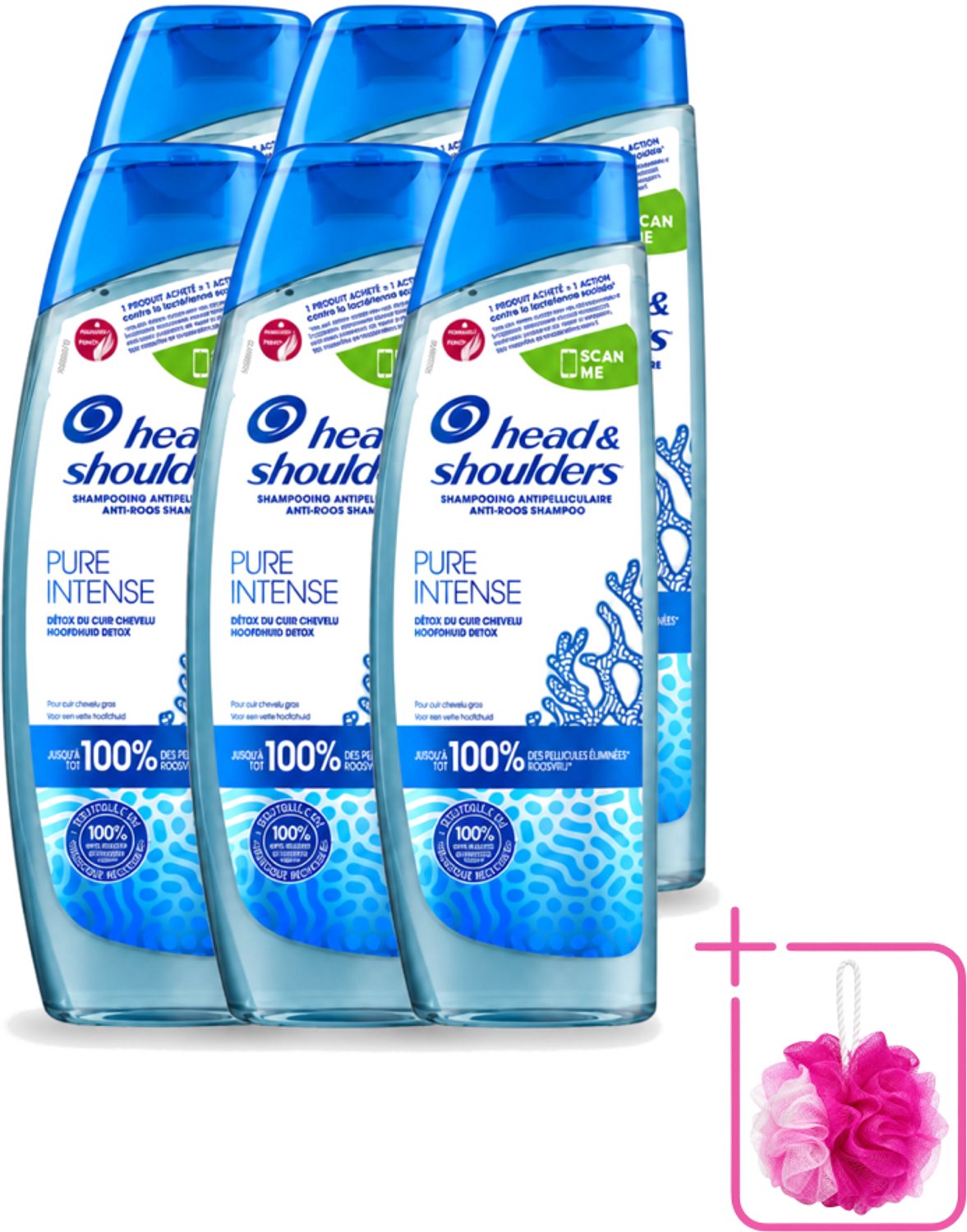 6 x Head & Shoulders - Anti-Roos Shampoo - Pure Intense - Hoofdhuid Detox - 250 ml - Bulkverpakking - Hoofdhuid detox - Douchemop - Roosbestrijding