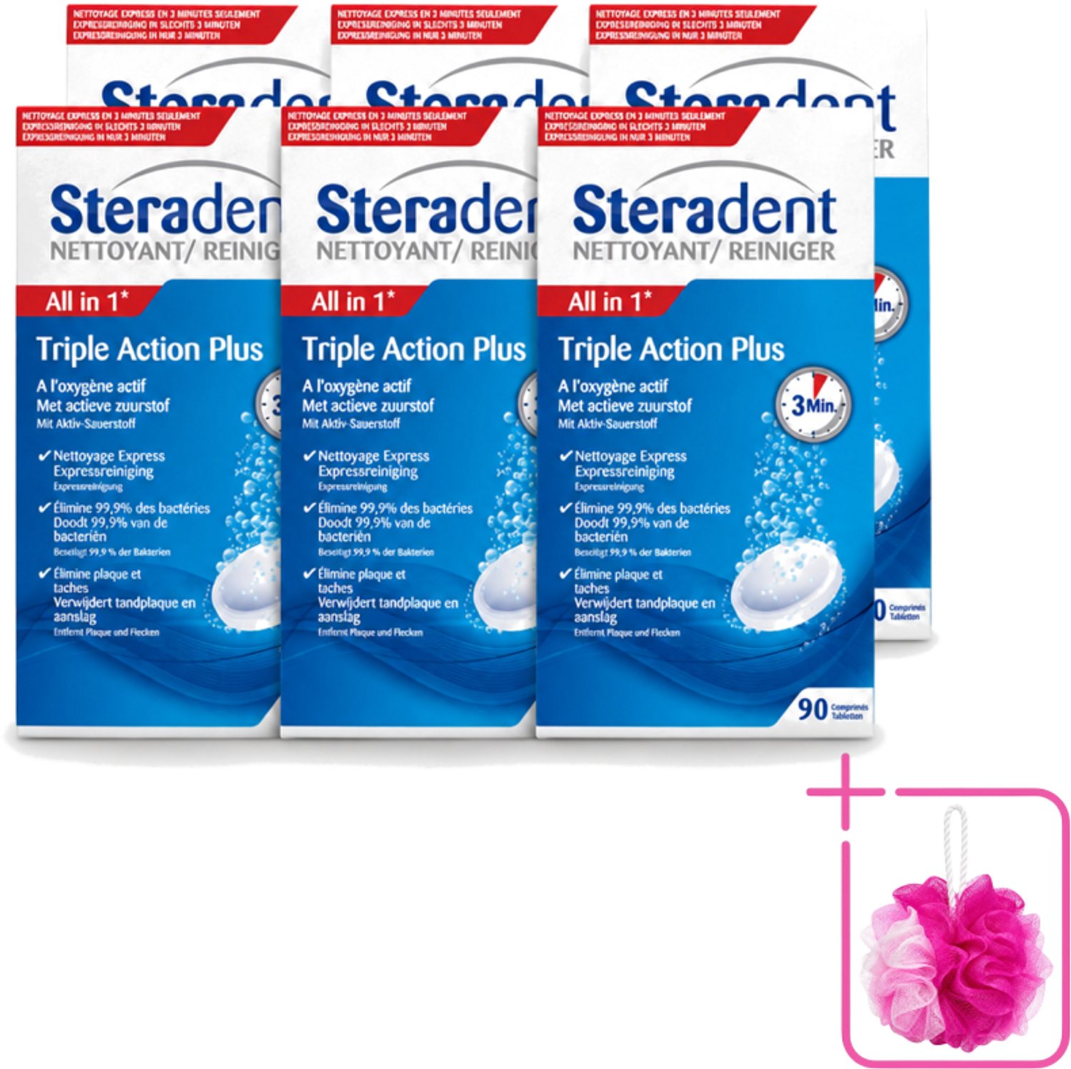 6 x Steradent - Kunstgebitreiniger - Tegen Tandplak En Aanslag - 90 Tabletten - Bulkverpakking - Kunstgebit reinigen - Douchemop - Tandplak verwijderen