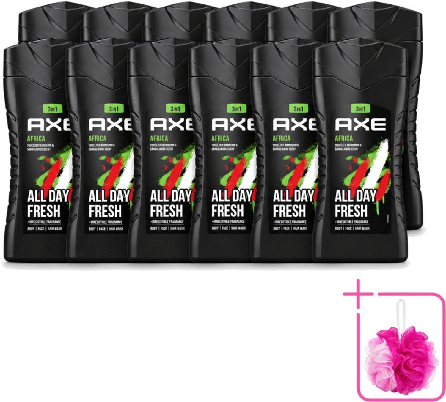 12 x Axe - 3-in-1 Douchegel - Africa - Squeezed Mandarin & Sandalwood - 12hrs Long Lasting Scent - 250 ml - Bulkverpakking - Douchegel - Douchemop - Geur mandarijn en sandelhout