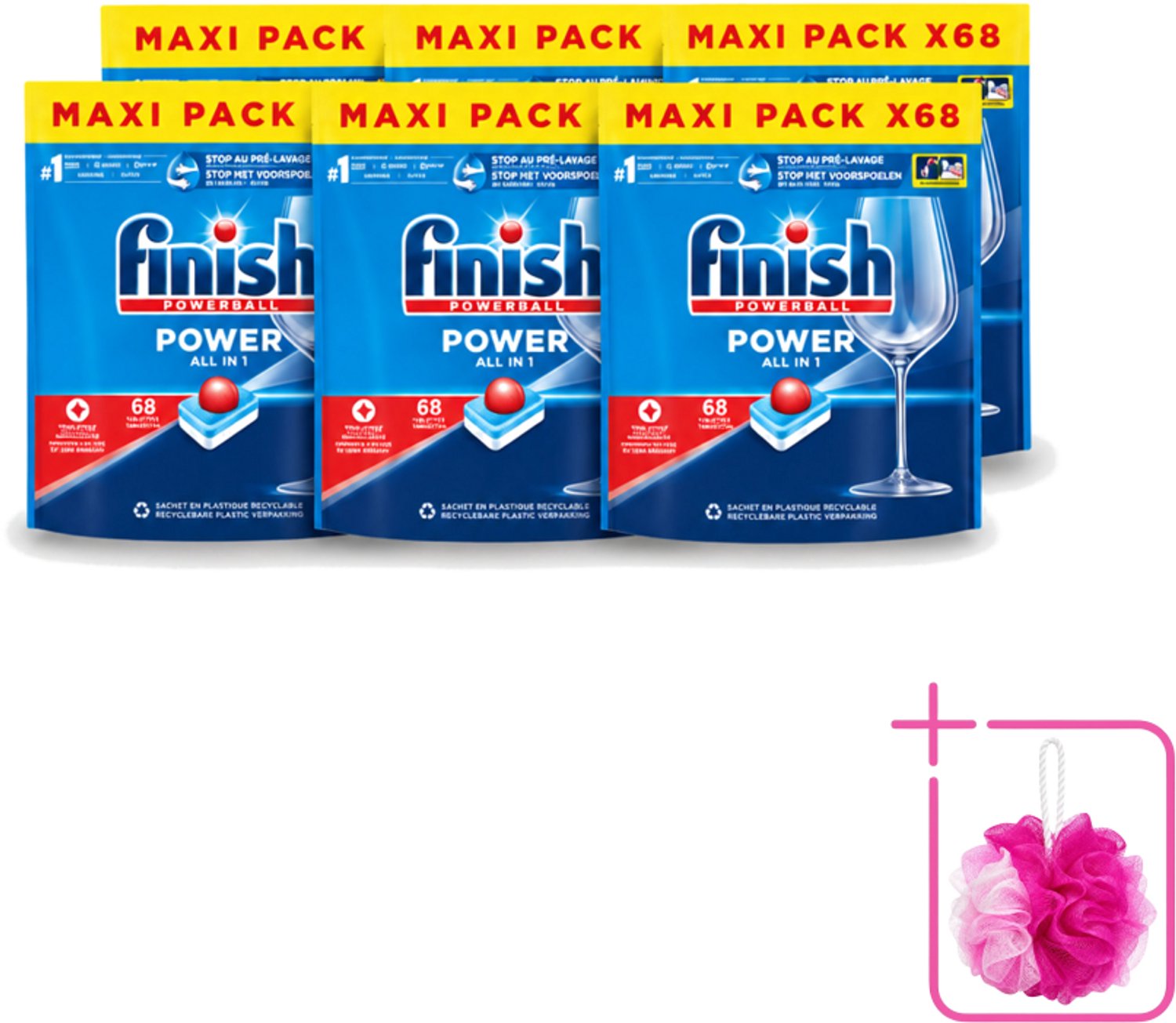 6 x Finish Powerball - Power All in 1 - Vaatwastabletten - Reiniging & Glans - 68 Tabletten - Bulkverpakking - Vaatwastabletten - Douchemop - Vaatwasmiddel