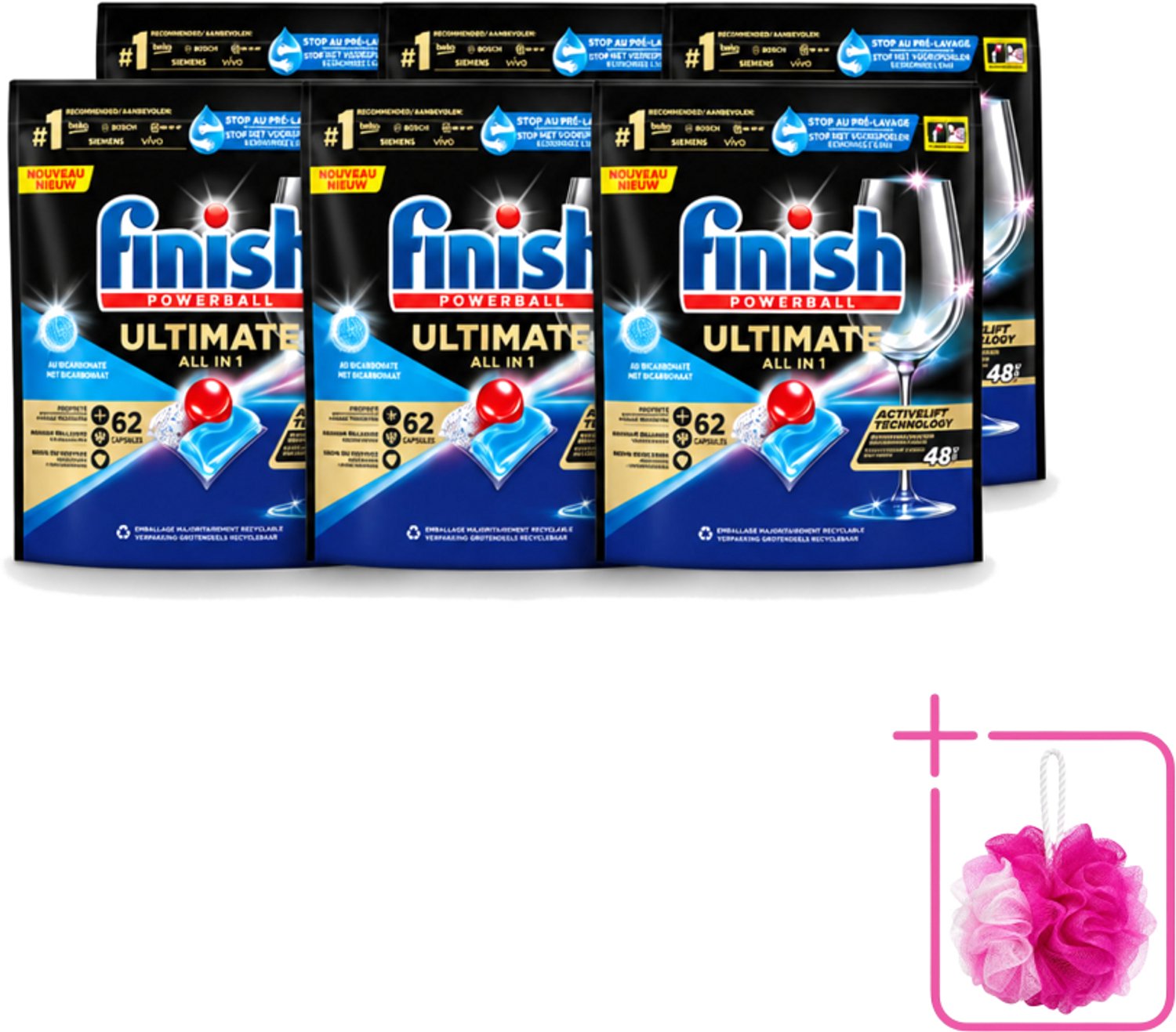 6 x Finish Powerball - Ultimate All in One - Vaatwastabletten - Met Bicarbonaat - 62 Capsules - Bulkverpakking - Vaatwasmiddel - Douchemop - Vaatwascapsules