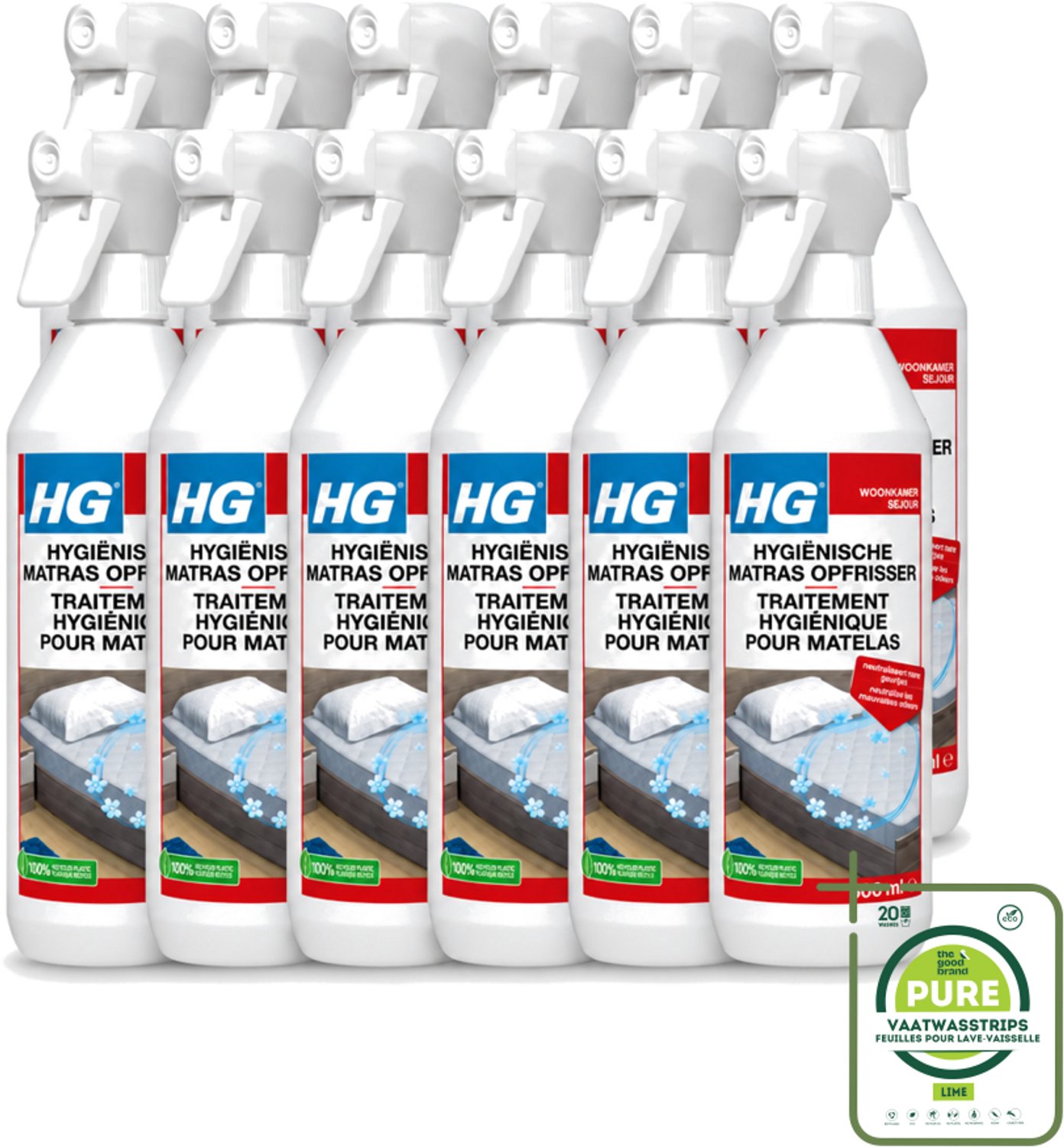 12 x HG - Hygiënische Matras Opfrisser - Werkt Na 30 Minuten - Neutraliseert Nare Geurtjes - 500 ml - Grootverpakking - Vaatwasstrips - Matrasopfrisser - Hygiëne - Geur Verwijderen - Matras Reinigen - Enzymen