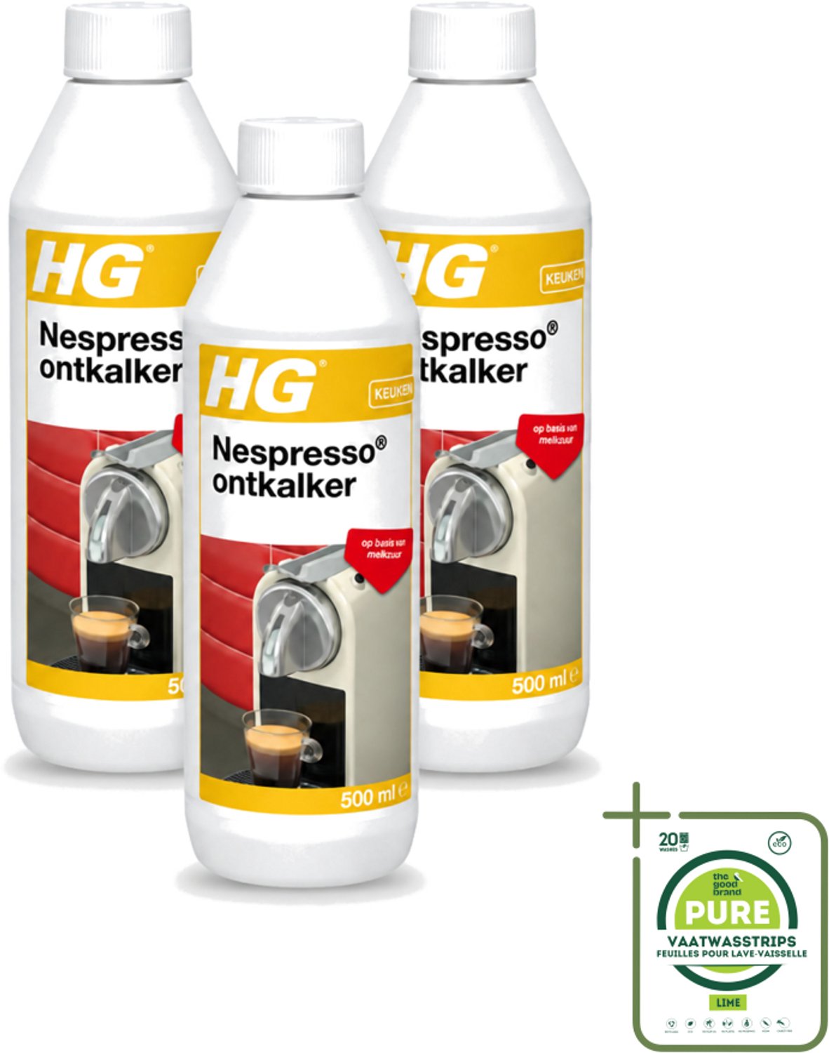 3 x HG - Nespresso Ontkalker - Op Basis Van Melkzuur - 4 tot 5 Reinigingsbeurten - 500 ml - Grootverpakking - Vaatwasstrips - Ontkalken Nespresso Machine - Ontkalkmiddel - Melkzuur Ontkalker - Kalkvoorkomend - Biologisch Afbreekbaar