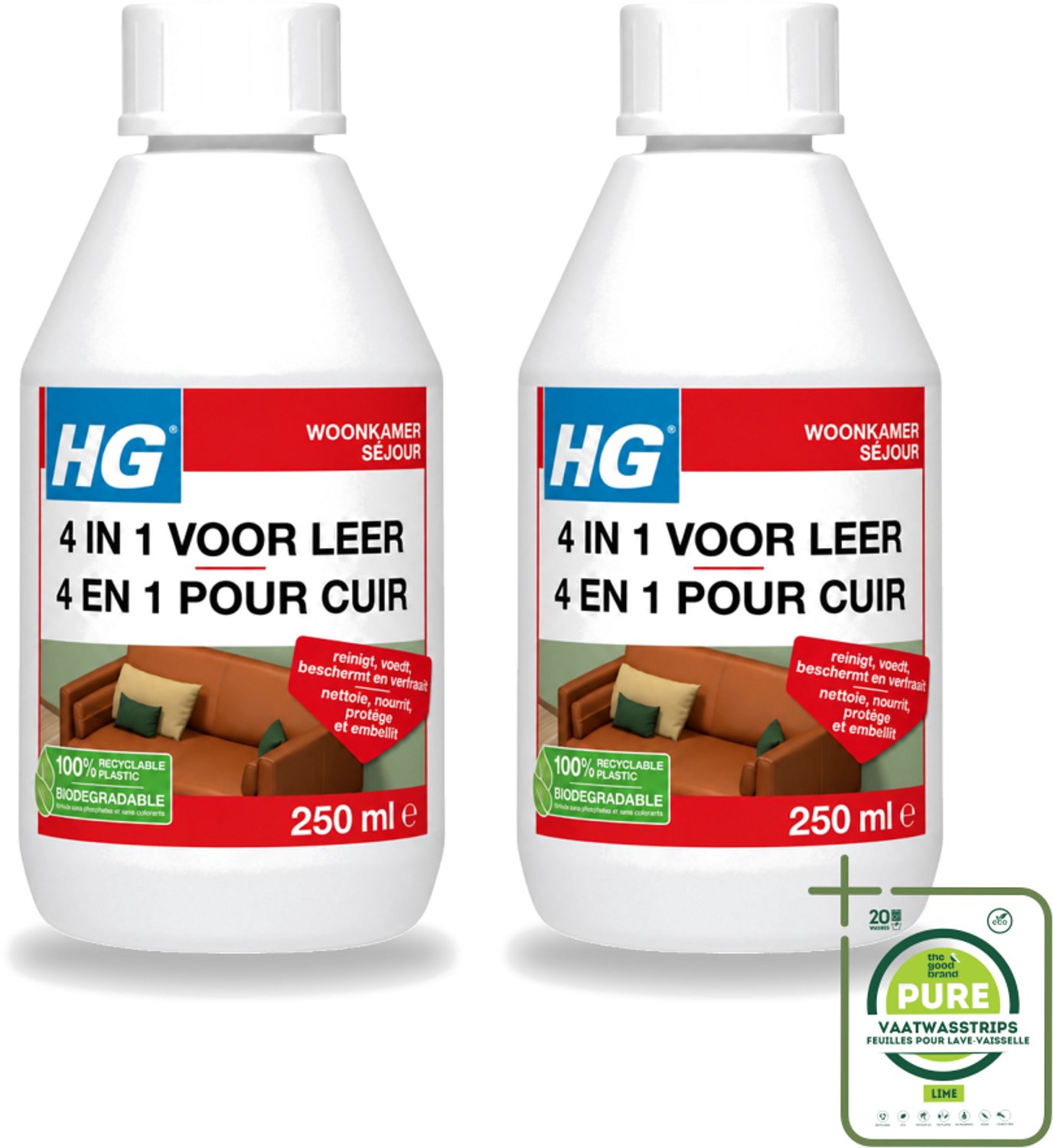 2 x HG - 4 In 1 Voor Leer - Beschermt, Voedt, Verfraait & Reinigt - 250 ml - Grootverpakking - Vaatwasstrips - Leer Reinigen - Leer Voeden - Leer Beschermen - Leer Verfraaien - Leer Verkleuren