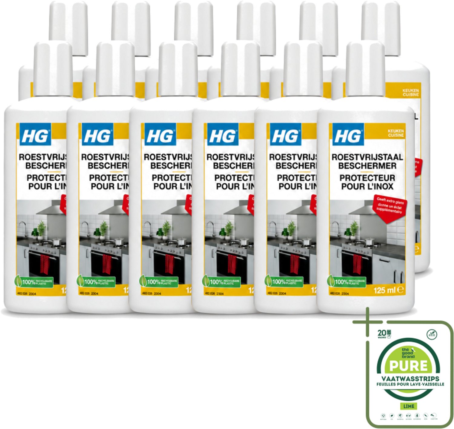 12 x HG - Roestvrijstaal Beschermer - Geeft Extra Glans - 125 ml - Grootverpakking - Roestvrijstaal Reiniger - Roestvrijstaal Beschermer - Keuken Reiniger - Glans Geven - Vlekken Verwijderen