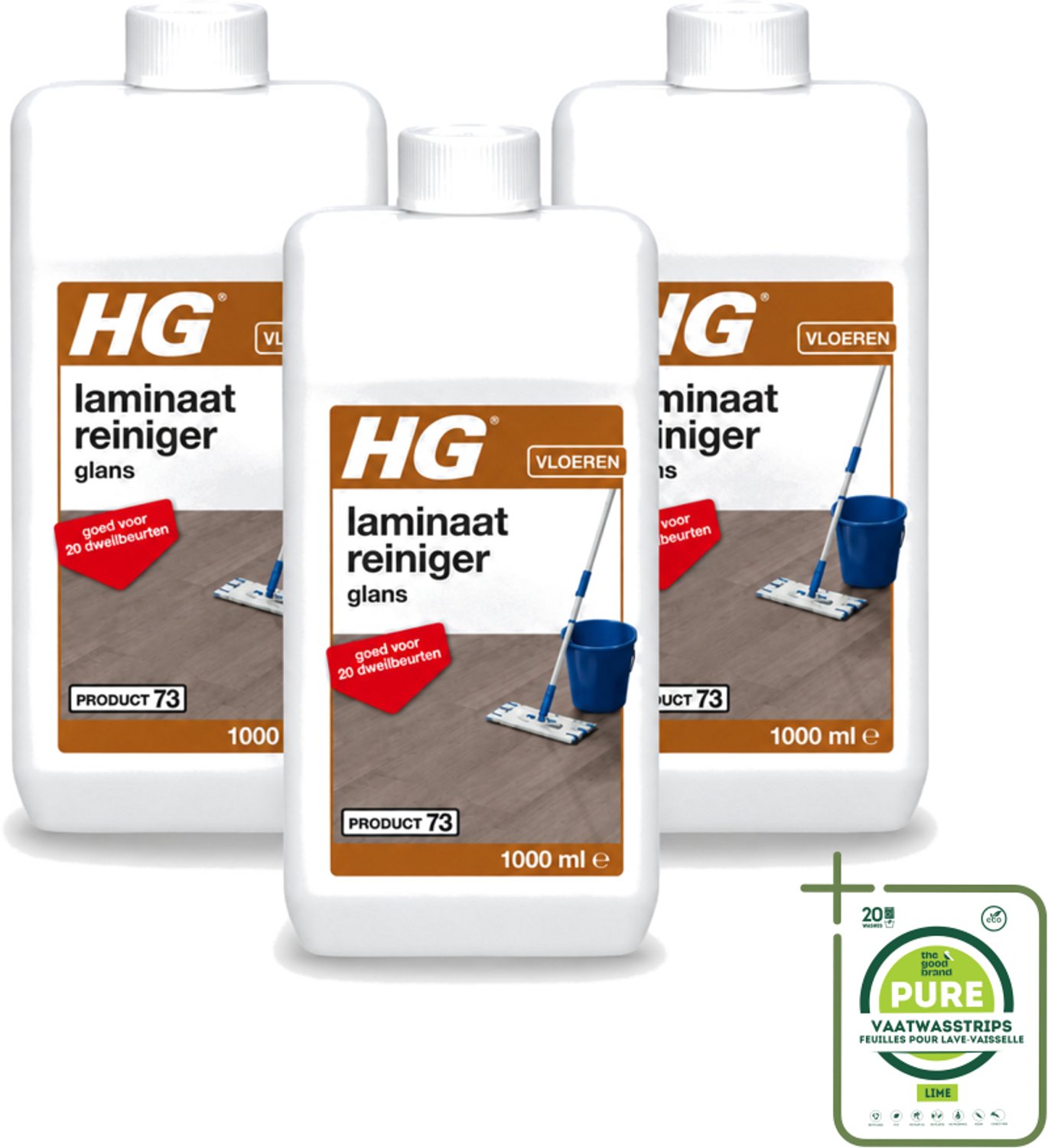 3 x HG - Laminaat, Vinyl & PVC Reiniger Glans - Concentraat - Frisse Geur - 20 Dweilbeurten - 1L - Grootverpakking - Vaatwasstrips - Laminaat Reinigen - Glans Herstellen - Dweil Reiniger - Vloer Reinigen - Laminaat Reiniger