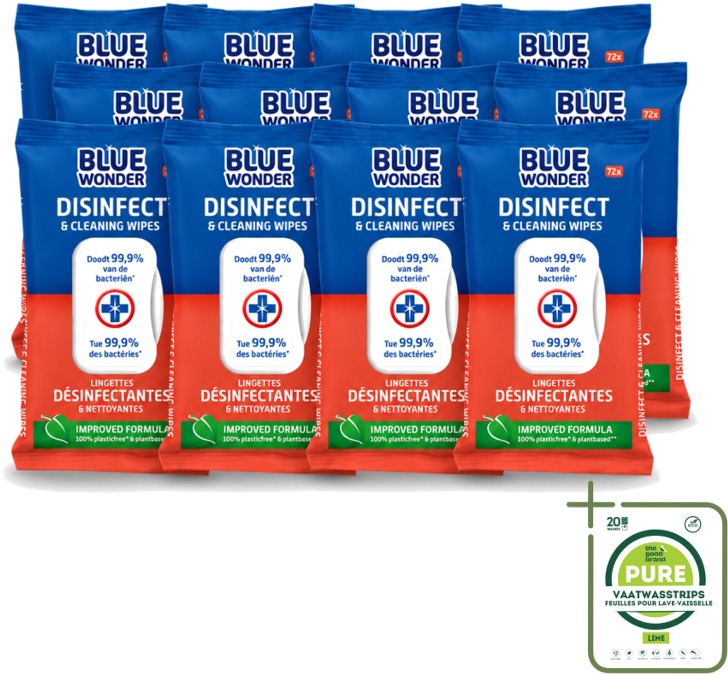 12 x Blue Wonder - Desinfectie Reiniger- Hygiënische Reiniging - 72 Doekjes - Grootverpakking - Vaatwasstrips - Schoonmaken - Desinfecteren - Doekjes - Hygiëne - Bacteriën