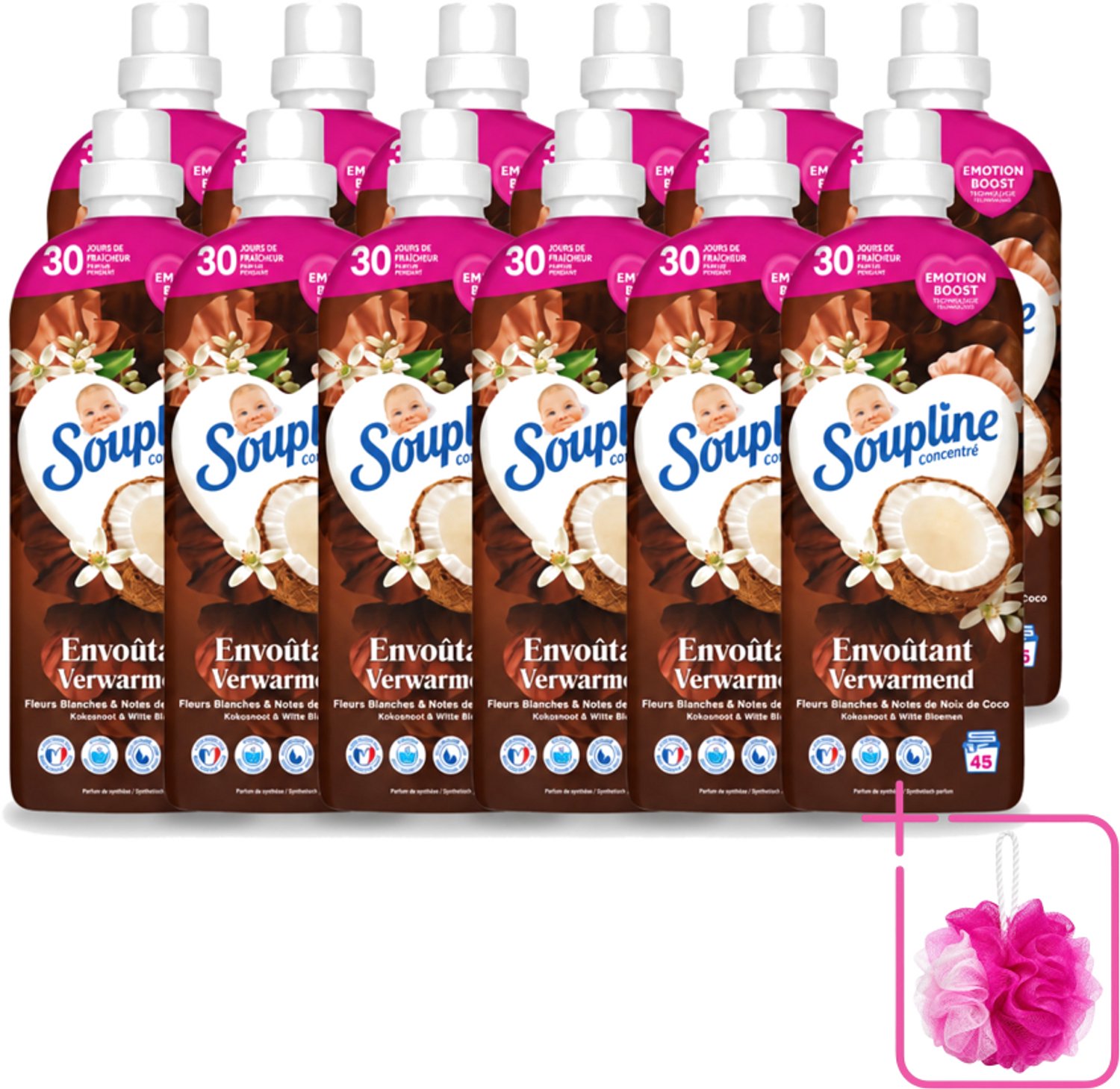 12 x Soupline – Wasverzachter – Verwarmende Kokosnoot & Witte Bloemen – 950 ml - Bulkverpakking - Wasverzachter - Douchemop - Kokosnoot