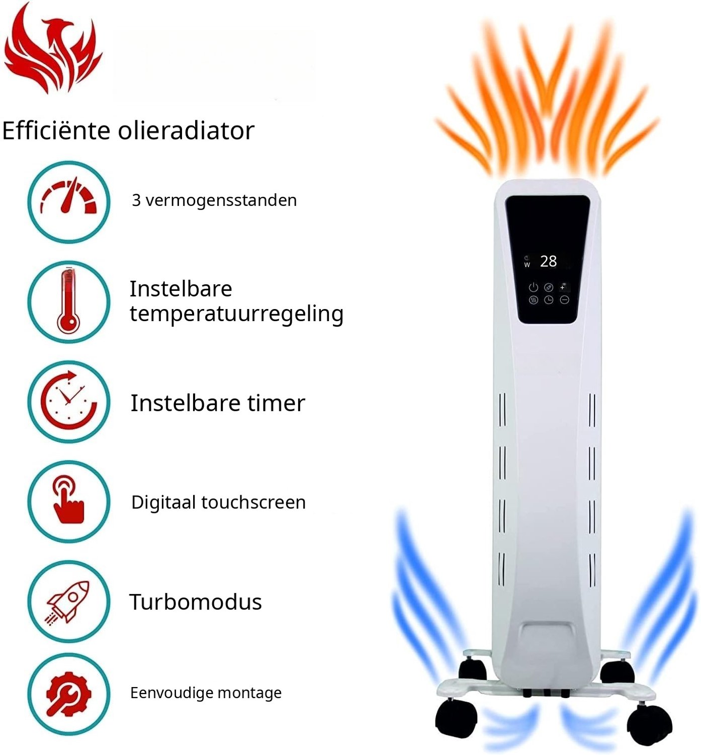 QEVA Olieradiator - Elektrische Radiator - Oliekachel - Wit - 25cm x 55cm x 54cm