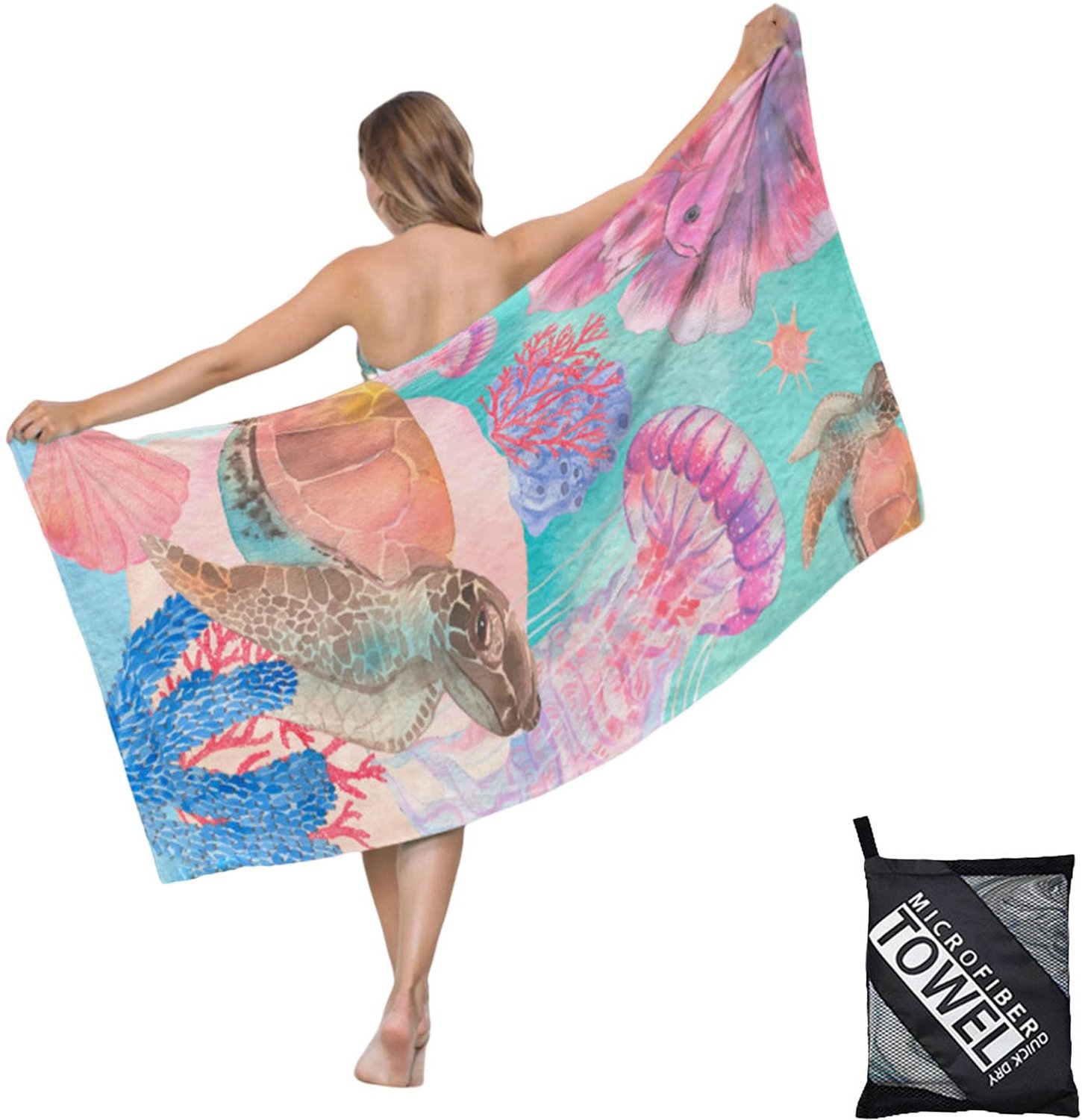 Grote dunne microvezel strandlaken met tas voor volwassen mannen en vrouwen, 160 x 90 cm roze schildpad strandhanddoeken, sneldrogend, zandvrij, licht