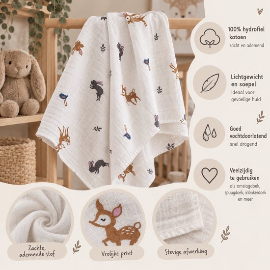 Hydrofiele Doek XL 120x120 cm – Inbakerdoek & Swaddle – Hydrofiel Katoen – Bosdieren Print – Multifunctionele Babydoek – Kraamcadeau — afbeelding 5