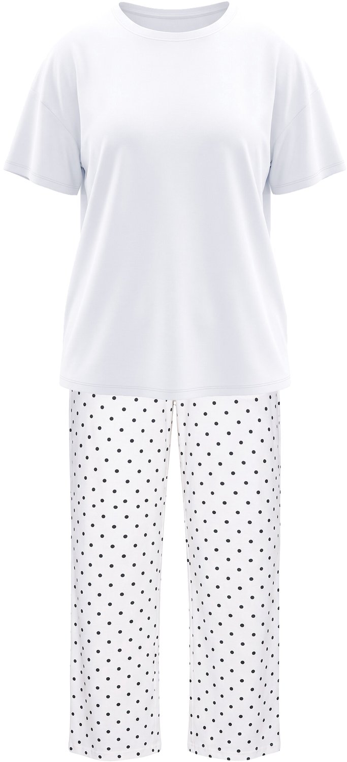 Studio Untold Dames - Pyjama tweedelig effen shirt broek met stippen - Off-white - Maat 54+