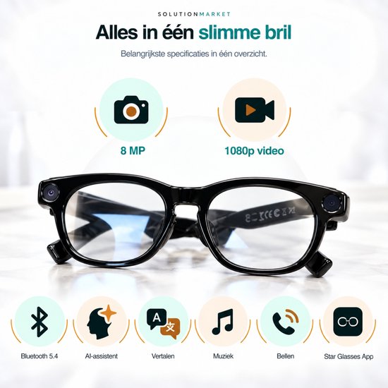 SolutionMarket Camera Bril / Smart Glasses – 8MP – Full HD – AI Vertaling – Bellen & Muziek – Clip-on Zonnebril – Bruine Oplaadcase — afbeelding 4