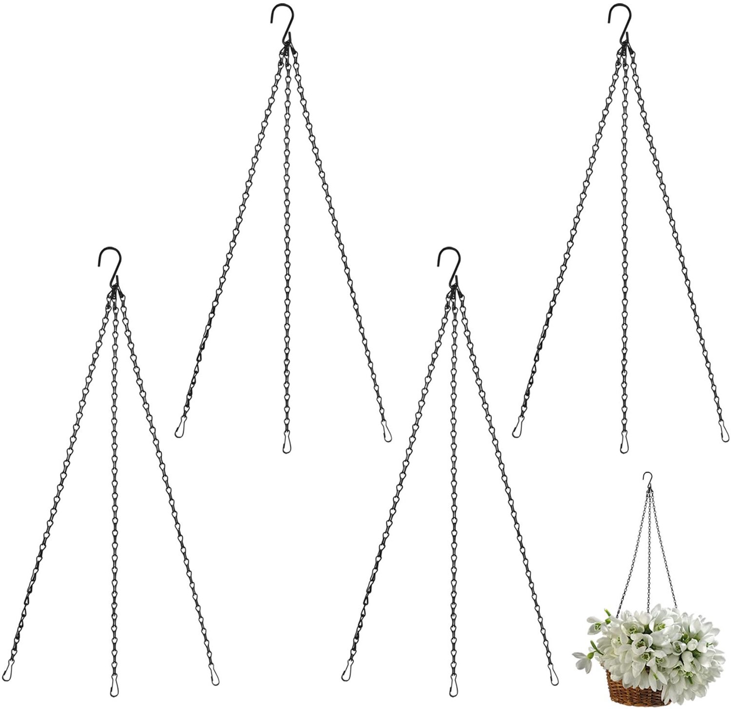 Set van 4 zwarte metalen bloemenhangers met ketting, 58cm