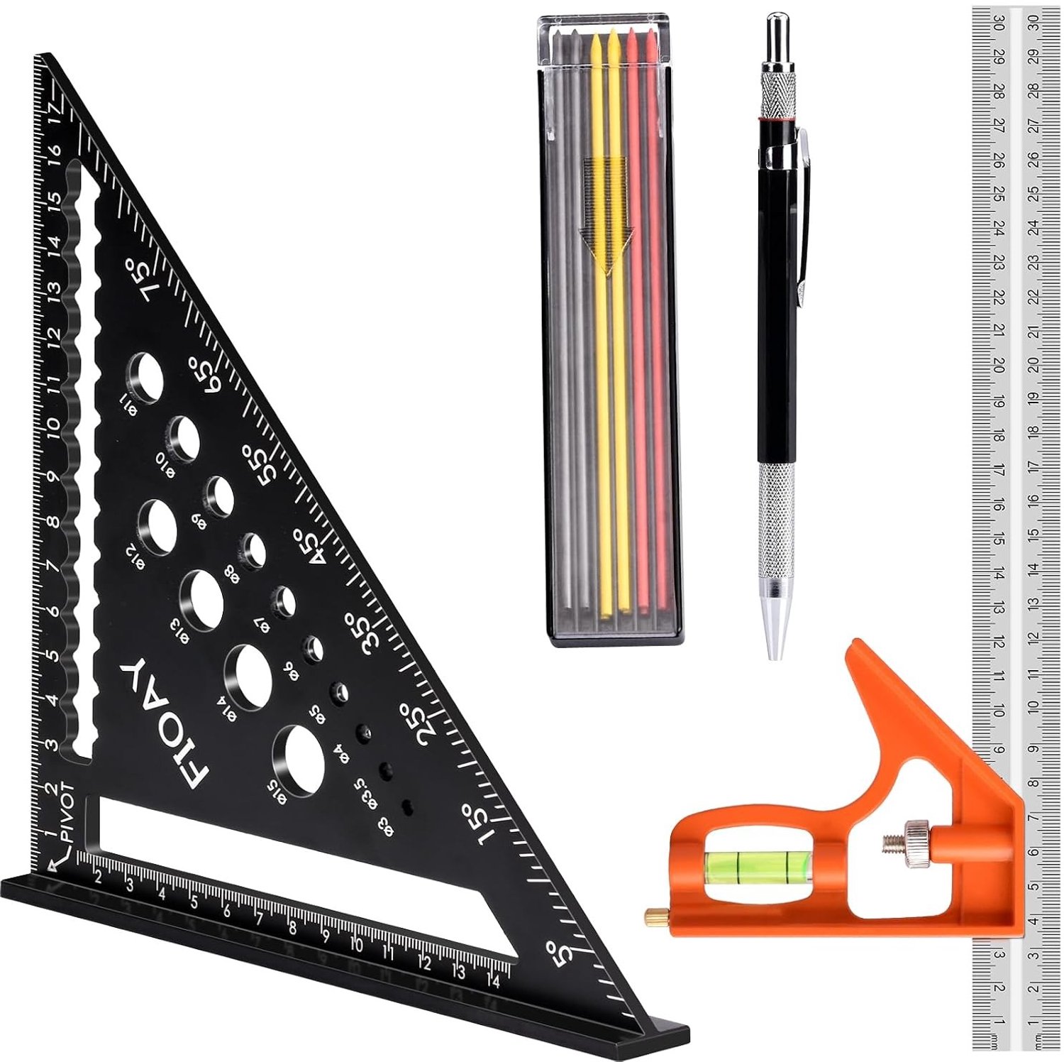 Multifunctionele Hoekliniaal Set - Zwart - 30 cm - Roestvrij Staal Meetgereedschap voor Houtbewerking
