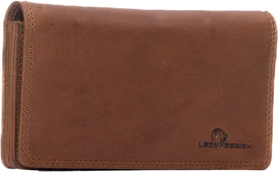 Bruine leren portemonnee, 16cm breed, 9cm hoog, 2cm diep, met LeonDesign logo.