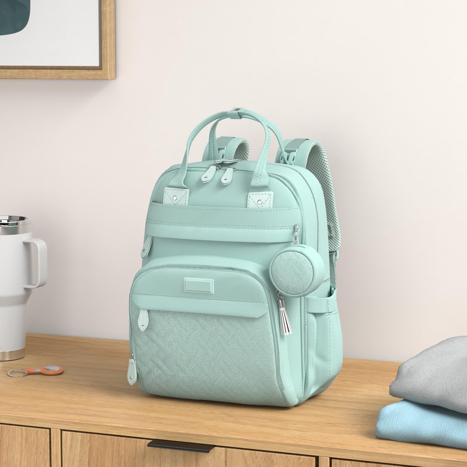 Sage Green Unisex Baby Essentials Backpack - Spacious Diaper Bag with Changing Pad, Stroller Straps & Pacifier Case
