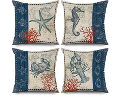 ASDCXZ Maritiem Kussensloop, 40 x 40 cm, set van 4, retro maritieme zeester, hippocampus, bank, sierkussen - ShopVlot