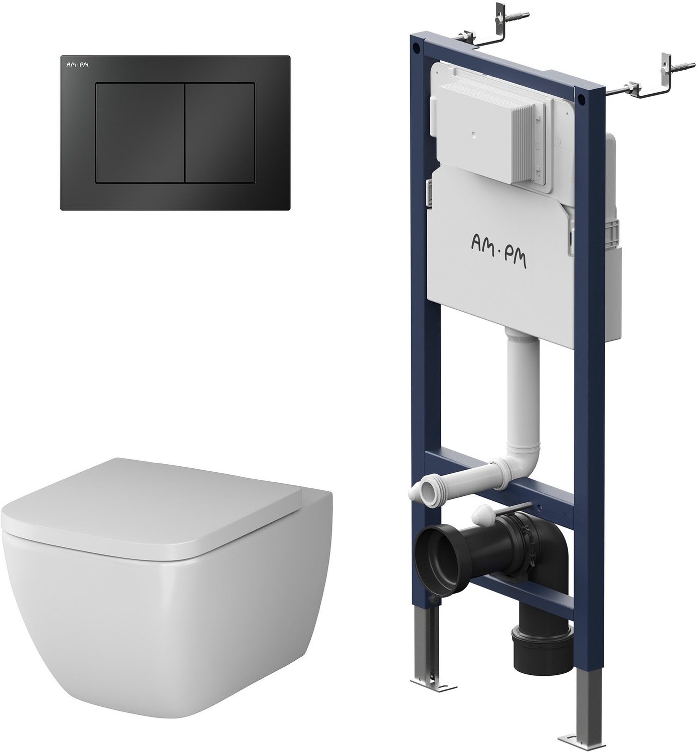 AM.PM Gem complete hangtoiletset met inbouwreservoir – zwart bedieningspaneel