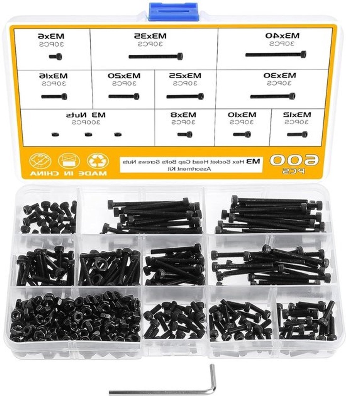 600 Pcs M3 Cylinder Screws with Hex Socket Screw Set, Hex Socket Screws with Nuts 12.9 Carbon Steel, Cylinder Screws Screws Nuts Set