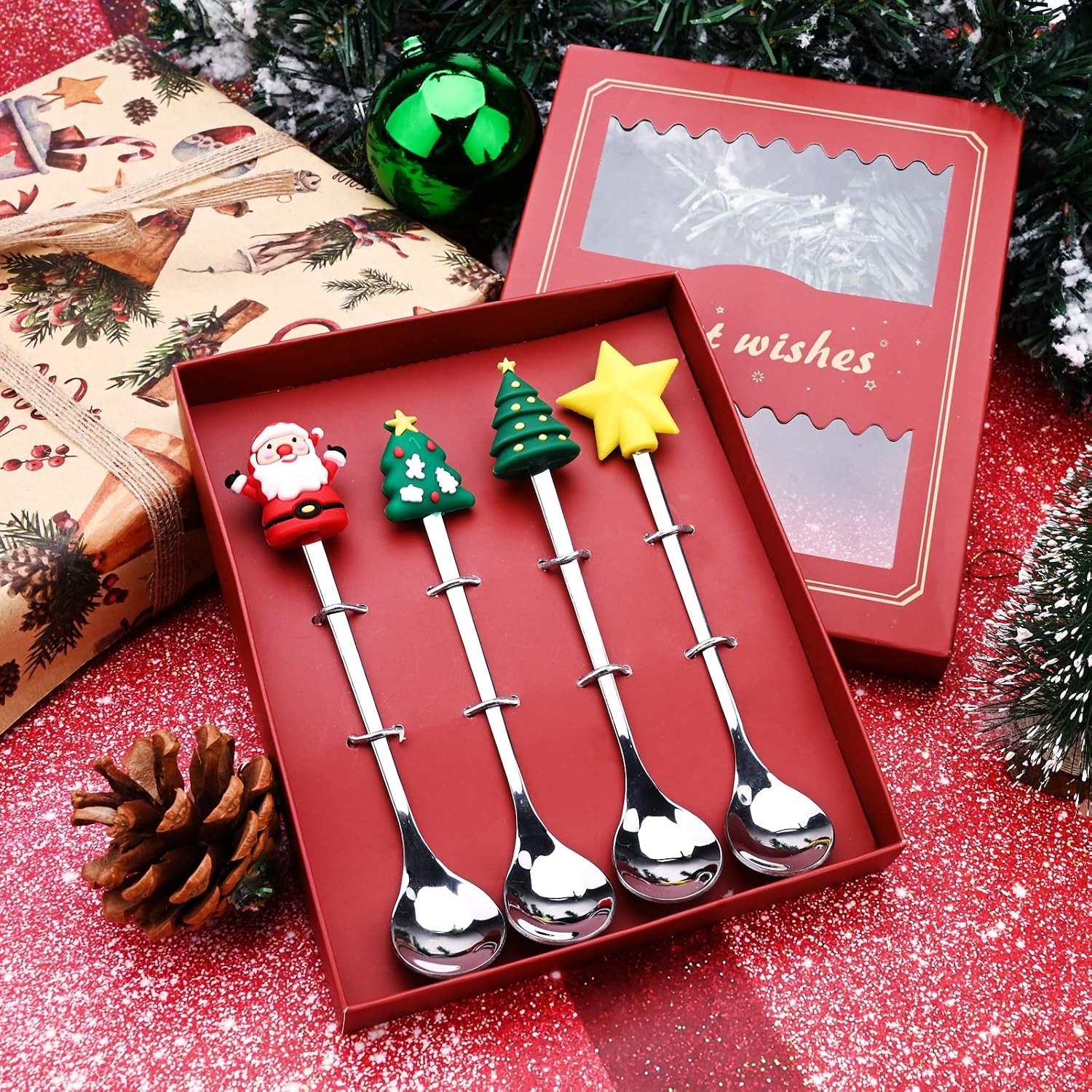 Kerstlepelset - Zilver - 14,8 cm - Roestvrij Staal met Kerstontwerpen - Voor Koffie, Thee en Dessert