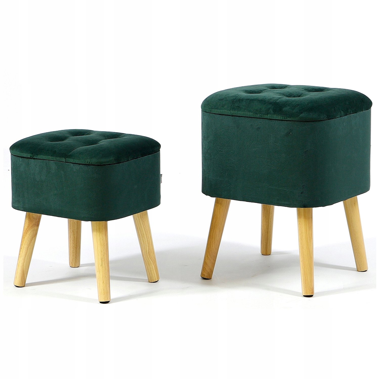 Messa Home Set van 2 groene fluwelen poefs met opbergruimte en houten poten Green