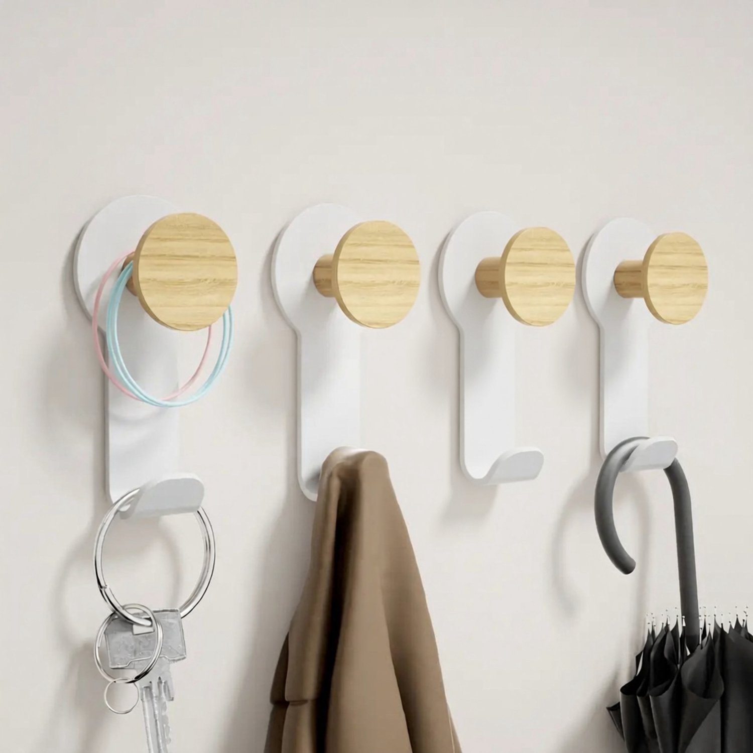 Wandhaakjes set van 8 met houten knop, zelfklevend of te schroeven, voor jassen, sleutels en accessoires