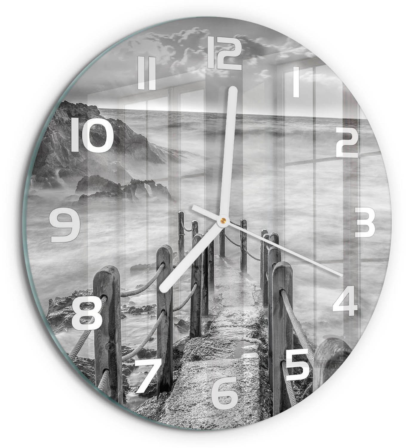 TULUP Wandklok - Pad langs de zee Glazen Klok Met Print - fi30 cm - Zwart-wit Wandklok Glas Met Motief - Witte handen - Ronde Klok - Wandklok Glas Decoratie - Gekleurde Glazen Klok