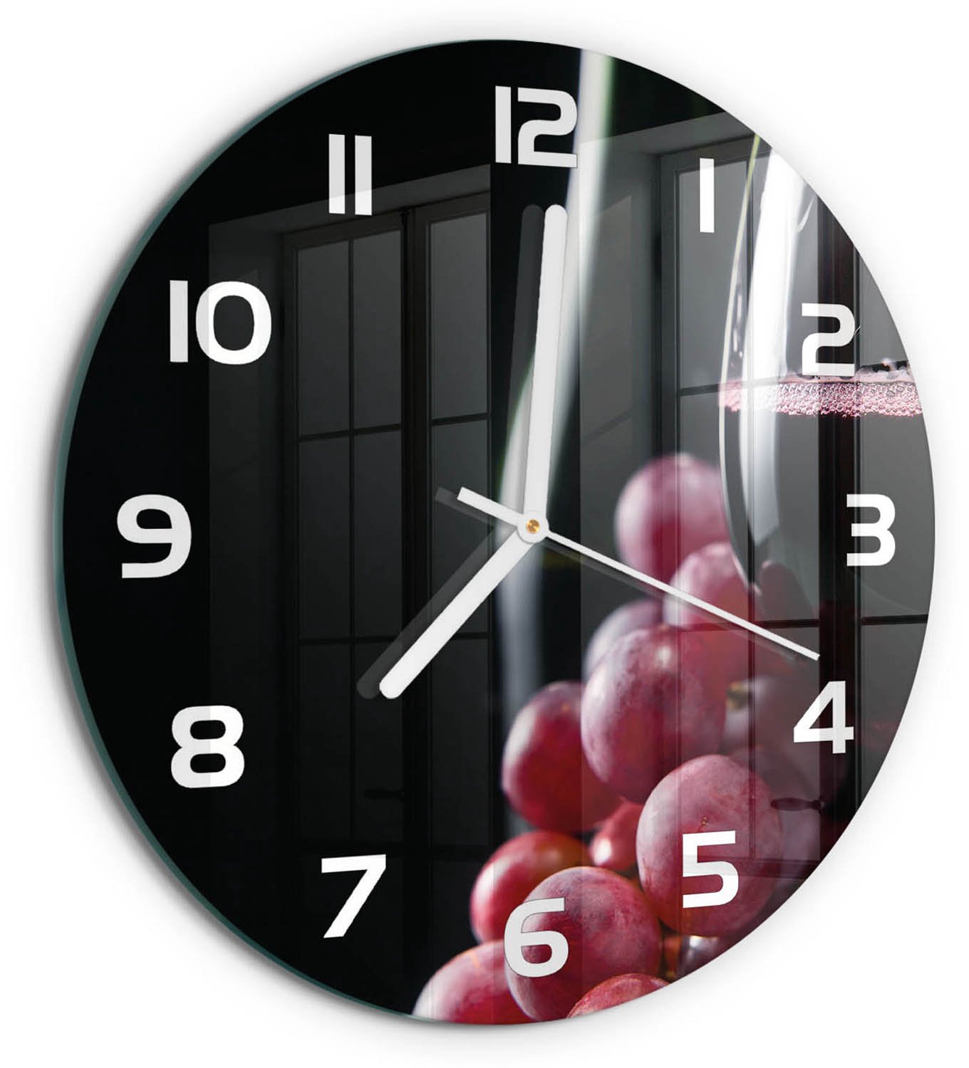 TULUP Wandklok - Druiven en wijn Glazen Wandklok Design - fi30 cm - Rood Klok Glas Met Opdruk - Witte handen - Ronde Klok - Wandklok Glas Met Motief - Decoratieve Glazen Klok