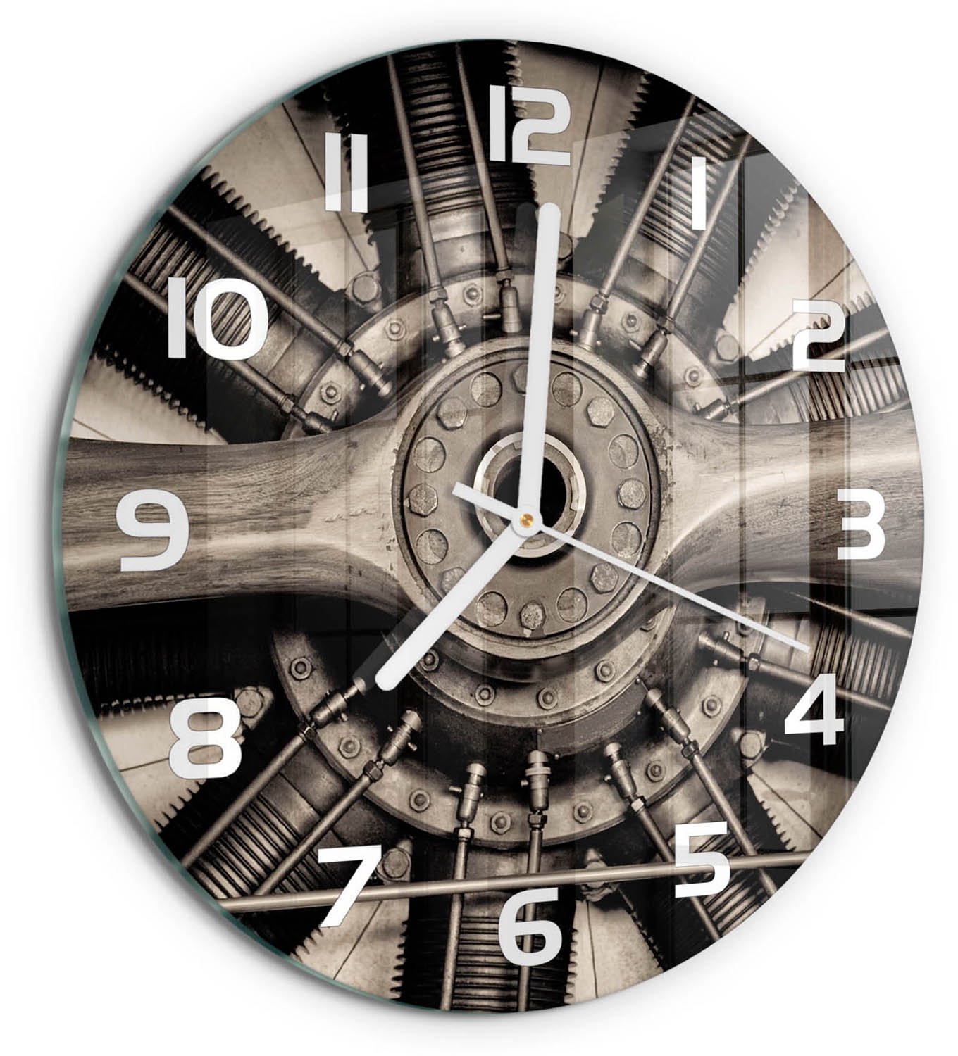 TULUP Wandklok - Vliegtuigmotor Wandklok Glas Met Motief - fi30 cm - Zilver Decoratieve Glazen Klok - Witte handen - Ronde Klok - Gekleurde Glazen Klok - Glazen Klok Met Print
