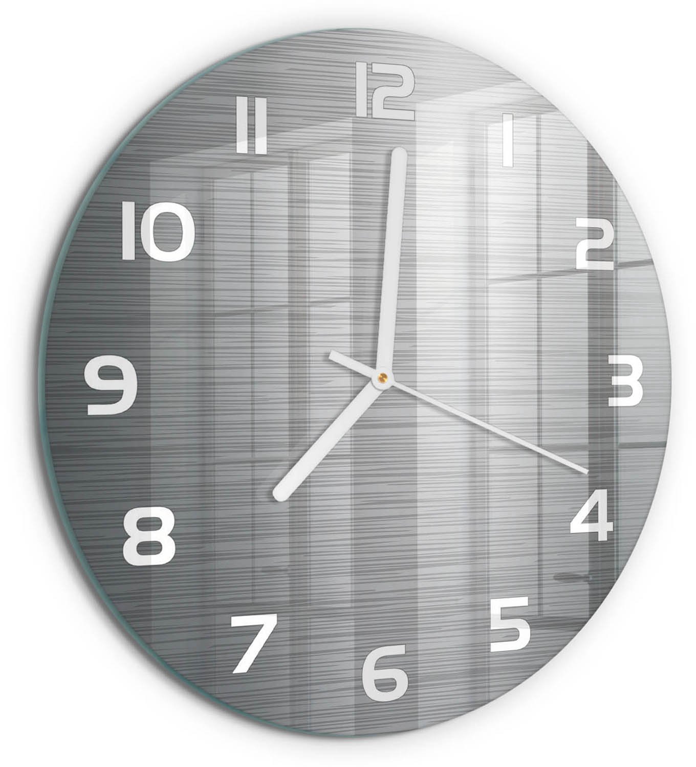 TULUP Wandklok - Metalen achtergrond Klok Glas Met Opdruk - fi30 cm - Zilver Moderne Wandklok Glas - Witte handen - Ronde Klok - Decoratieve Glazen Klok - Glazen Wandklok Design