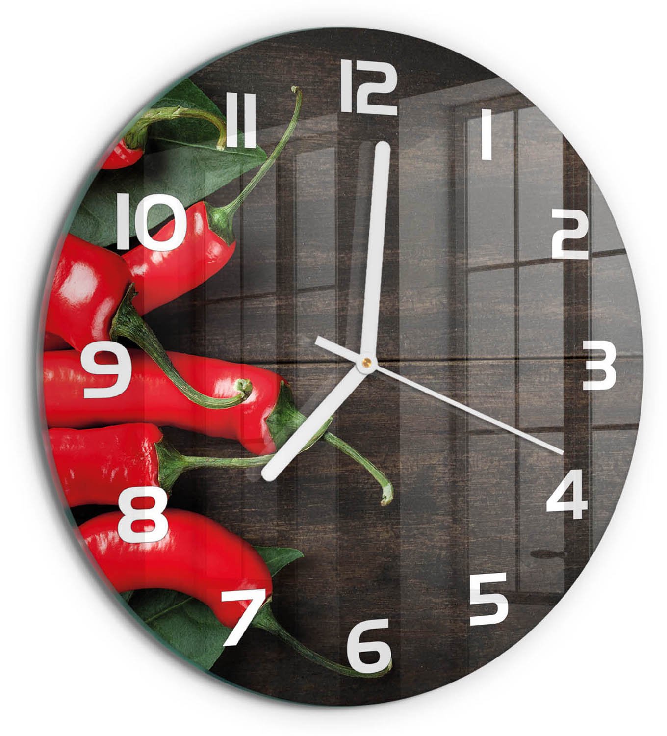 TULUP Wandklok - Chilipepers Decoratieve Glazen Klok - fi30 cm - Rood Glazen Wandklok Design - Witte handen - Ronde Klok - Glazen Klok Met Print - Wandklok Glas Met Motief