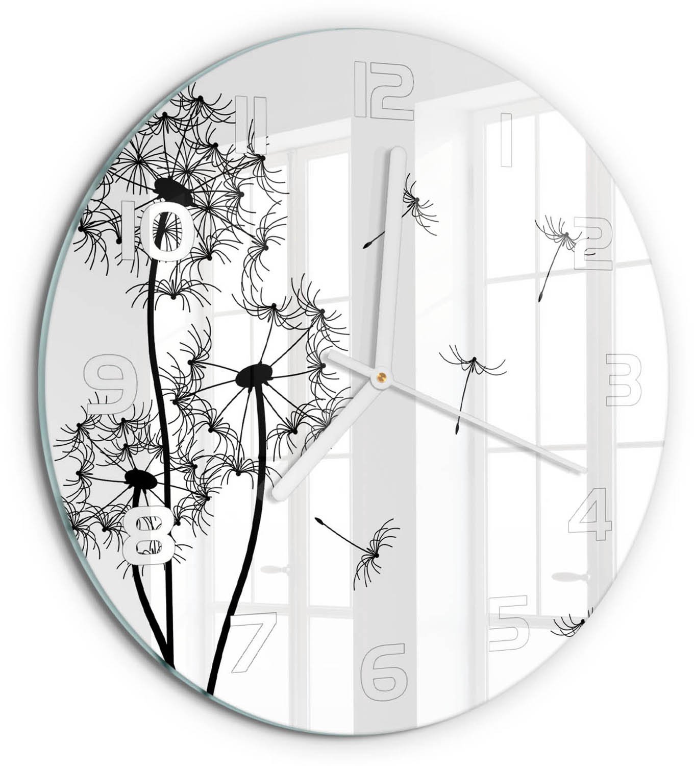 TULUP Wandklok - Paardenbloemtand Klok Glas Met Opdruk - fi30 cm - Zwart-wit Moderne Wandklok Glas - Witte handen - Ronde Klok - Decoratieve Glazen Klok - Glazen Wandklok Design