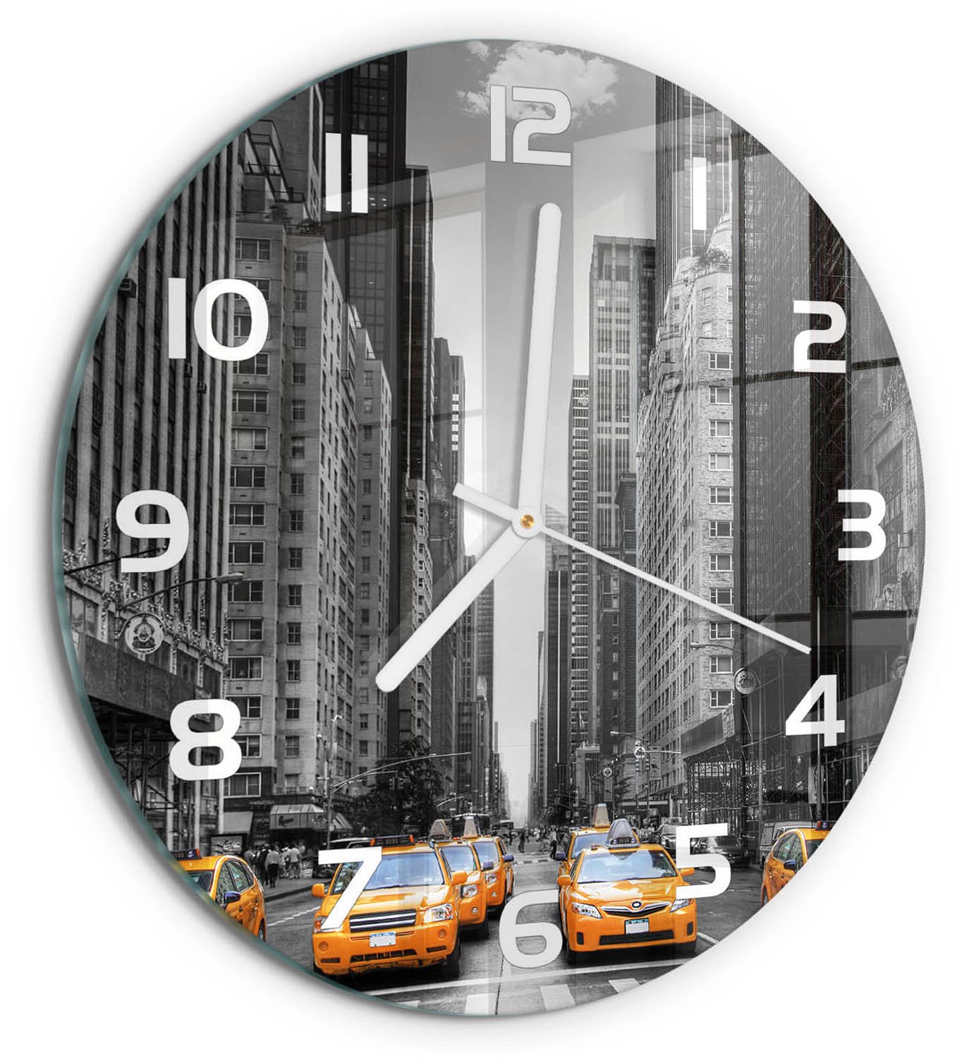 TULUP Wandklok - New Yorkse taxi's Klok Glas Met Opdruk - fi30 cm - Geel Moderne Wandklok Glas - Witte handen - Ronde Klok - Decoratieve Glazen Klok - Glazen Wandklok Design