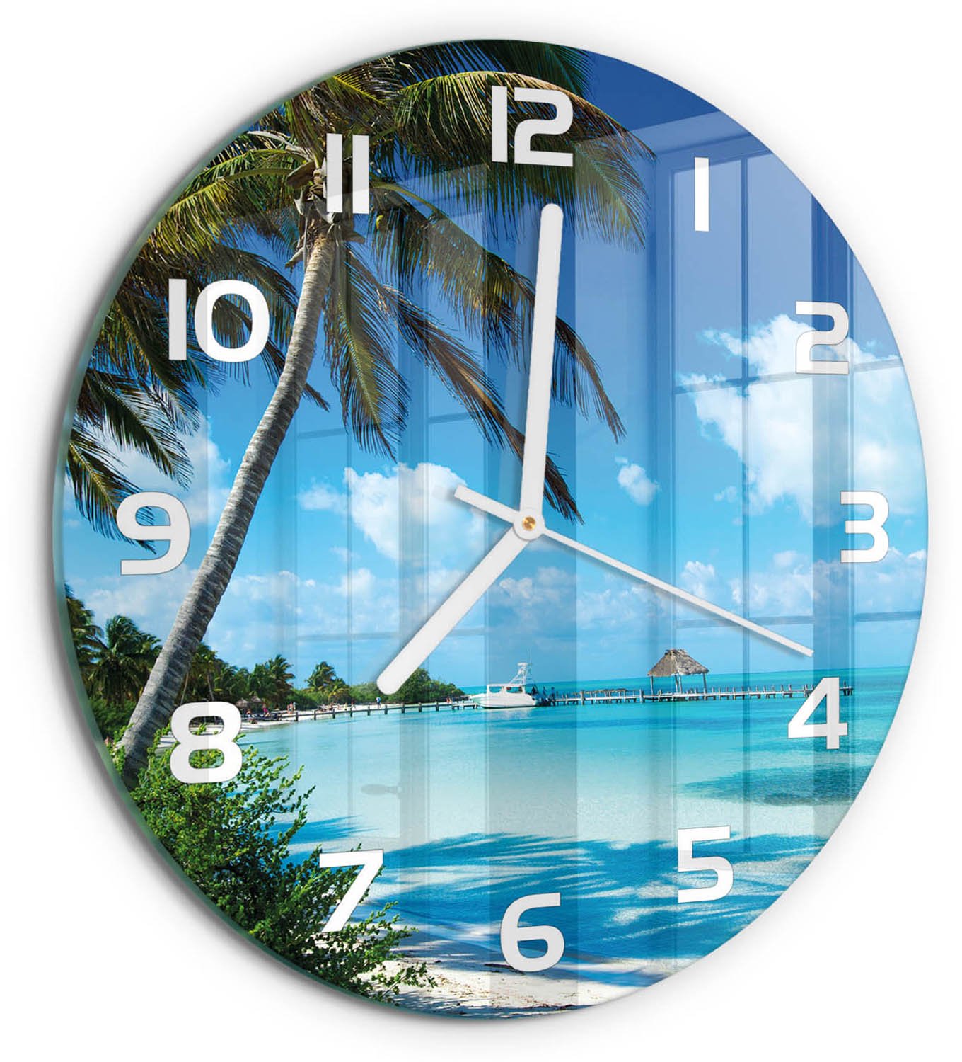 TULUP Wandklok - Tropisch strand Glazen Wandklok Design - fi30 cm - Blauw Klok Glas Met Opdruk - Witte handen - Ronde Klok - Wandklok Glas Met Motief - Decoratieve Glazen Klok