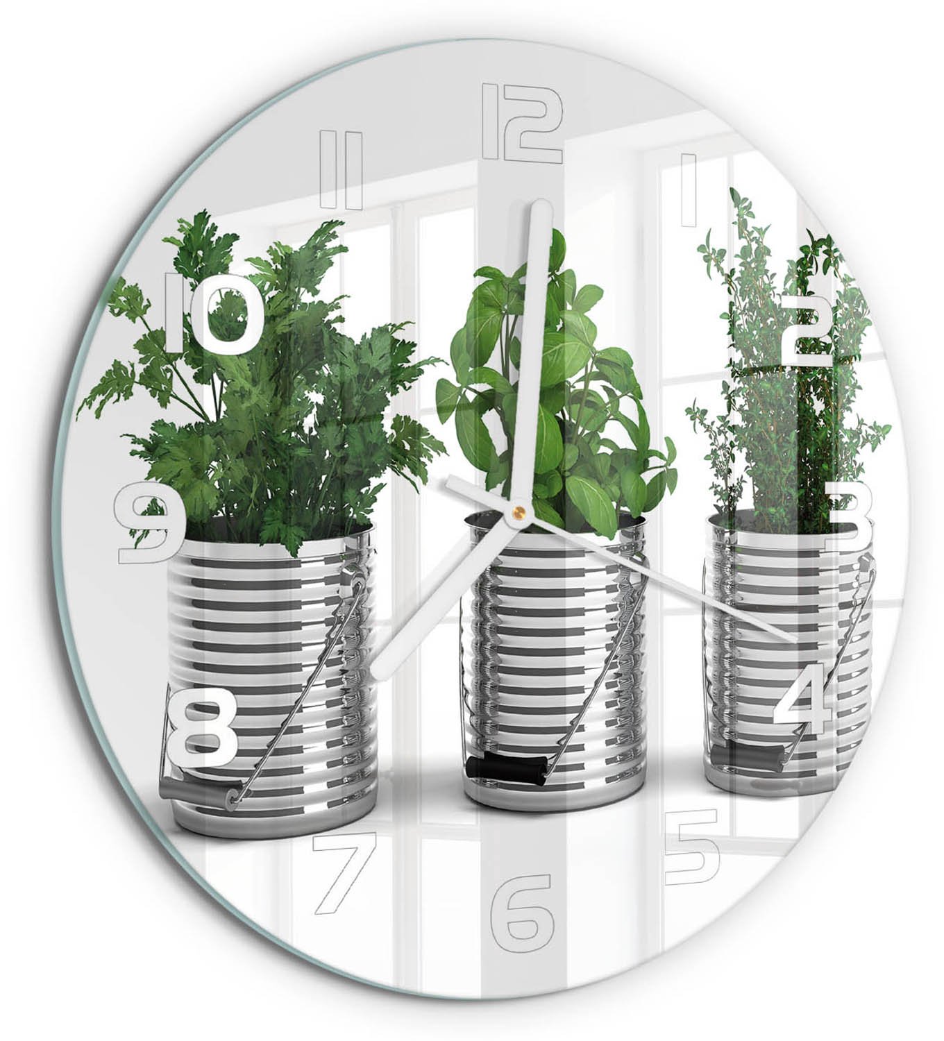 TULUP Wandklok - Aromatische planten Wandklok Glas Met Motief - fi30 cm - Groente Decoratieve Glazen Klok - Witte handen - Ronde Klok - Gekleurde Glazen Klok - Glazen Klok Met Print
