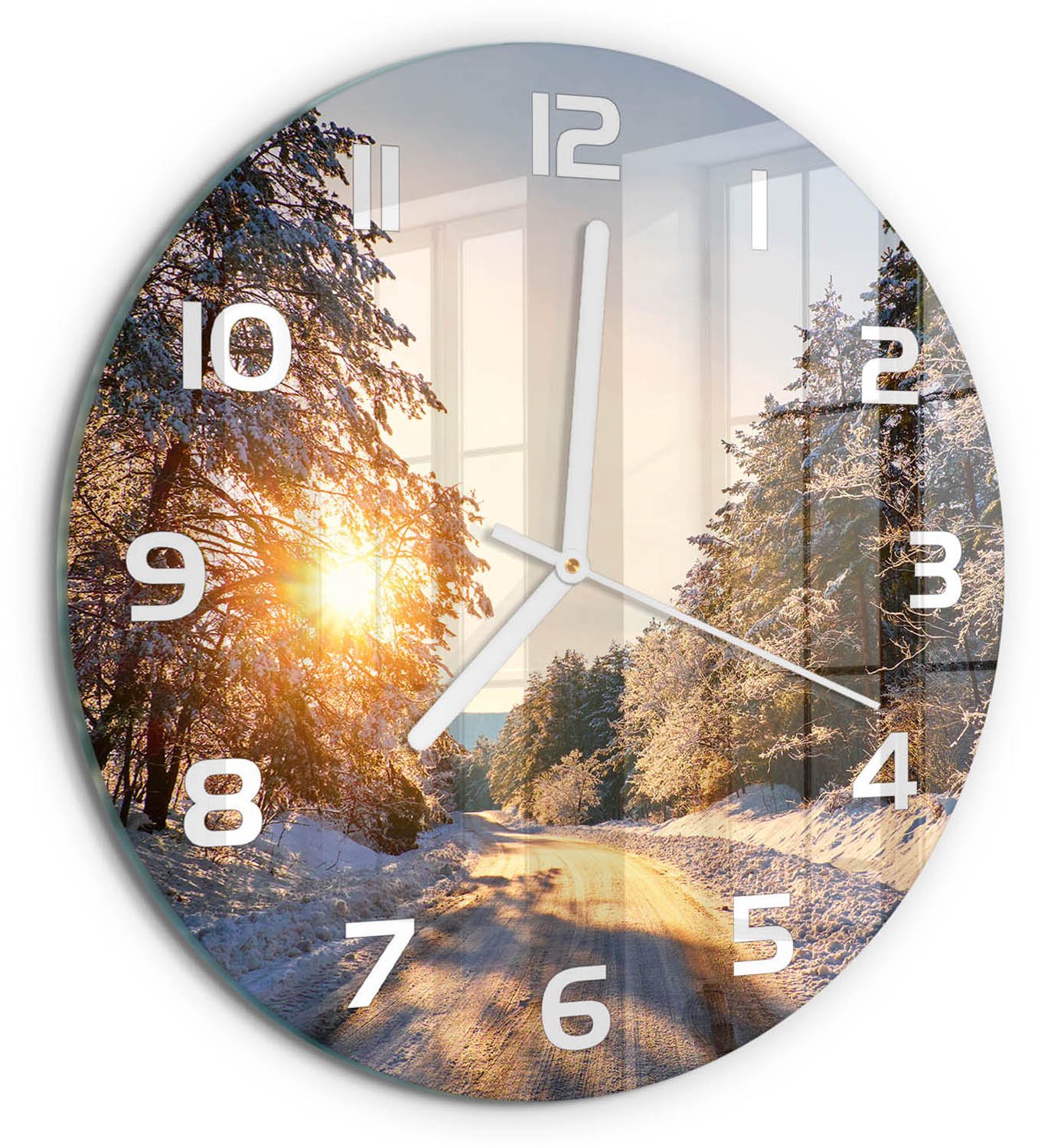 TULUP Wandklok - Een straat in het Winterbos. Glazen Wandklok Design - fi30 cm - Geel Klok Glas Met Opdruk - Witte handen - Ronde Klok - Wandklok Glas Met Motief - Decoratieve Glazen Klok
