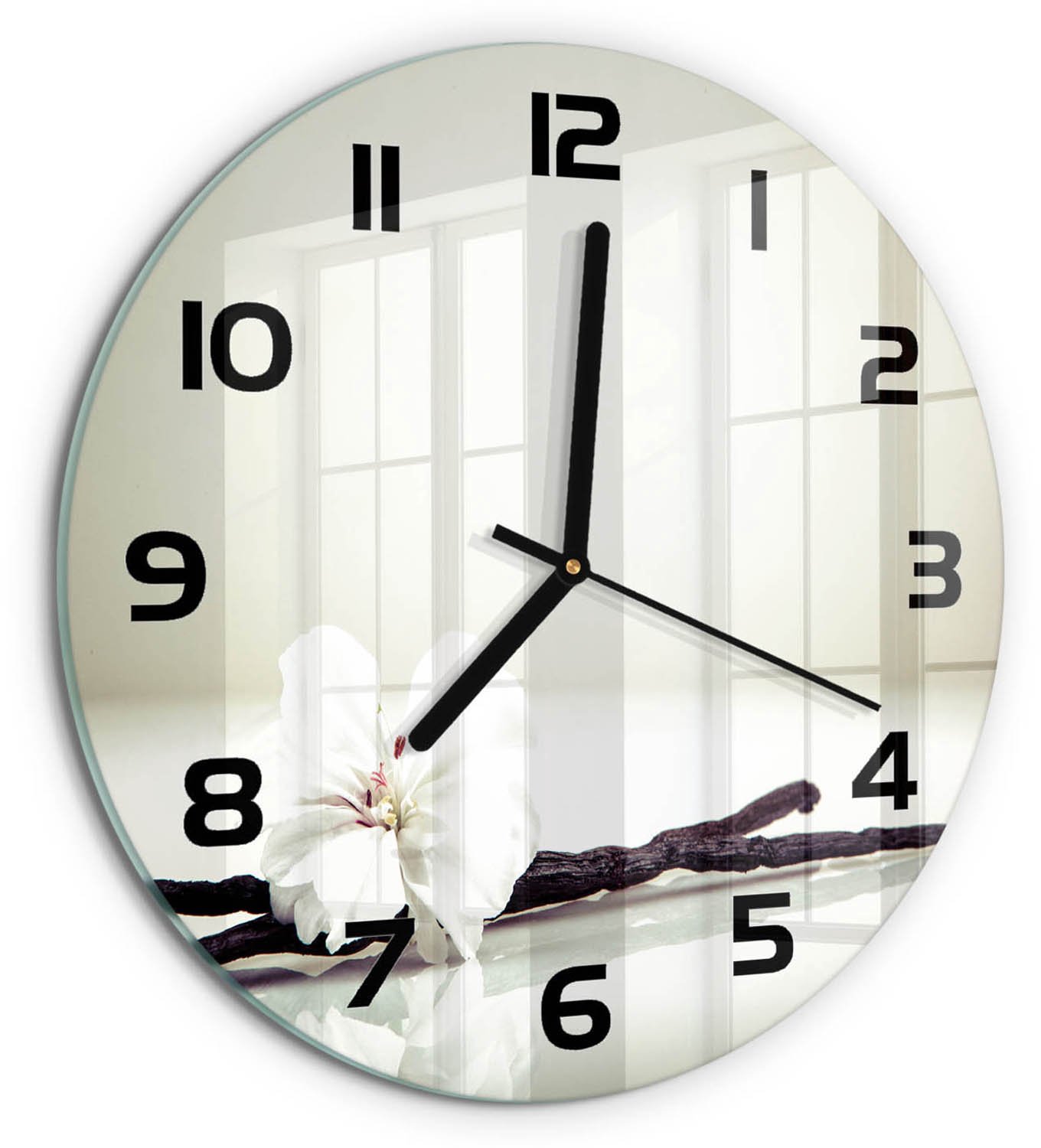 TULUP Wandklok - Vanilleboon Wandklok Glas Met Motief - fi30 cm - Wit Decoratieve Glazen Klok - Zwarte handen - Ronde Klok - Gekleurde Glazen Klok - Glazen Klok Met Print