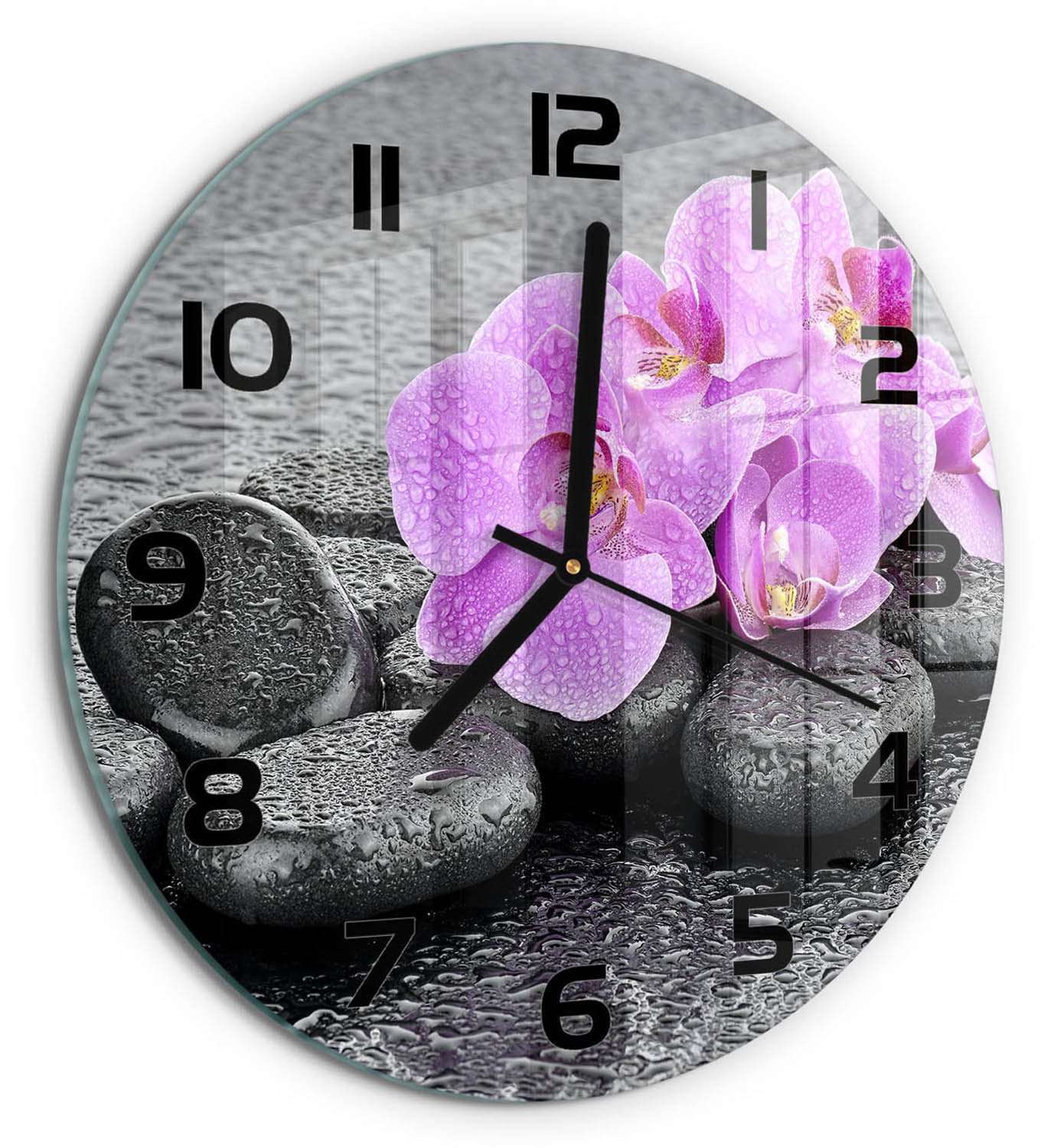 TULUP Wandklok - Orchideeënstenen Gekleurde Glazen Klok - fi30 cm - Roze Glazen Klok Met Print - Zwarte handen - Ronde Klok - Moderne Wandklok Glas - Wandklok Glas Decoratie